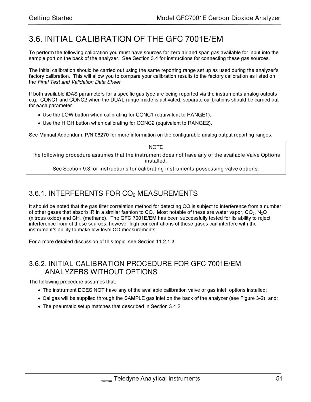 Teledyne GFC 7001EM operation manual Initial Calibration of the GFC 7001E/EM, Interferents for CO2 Measurements 