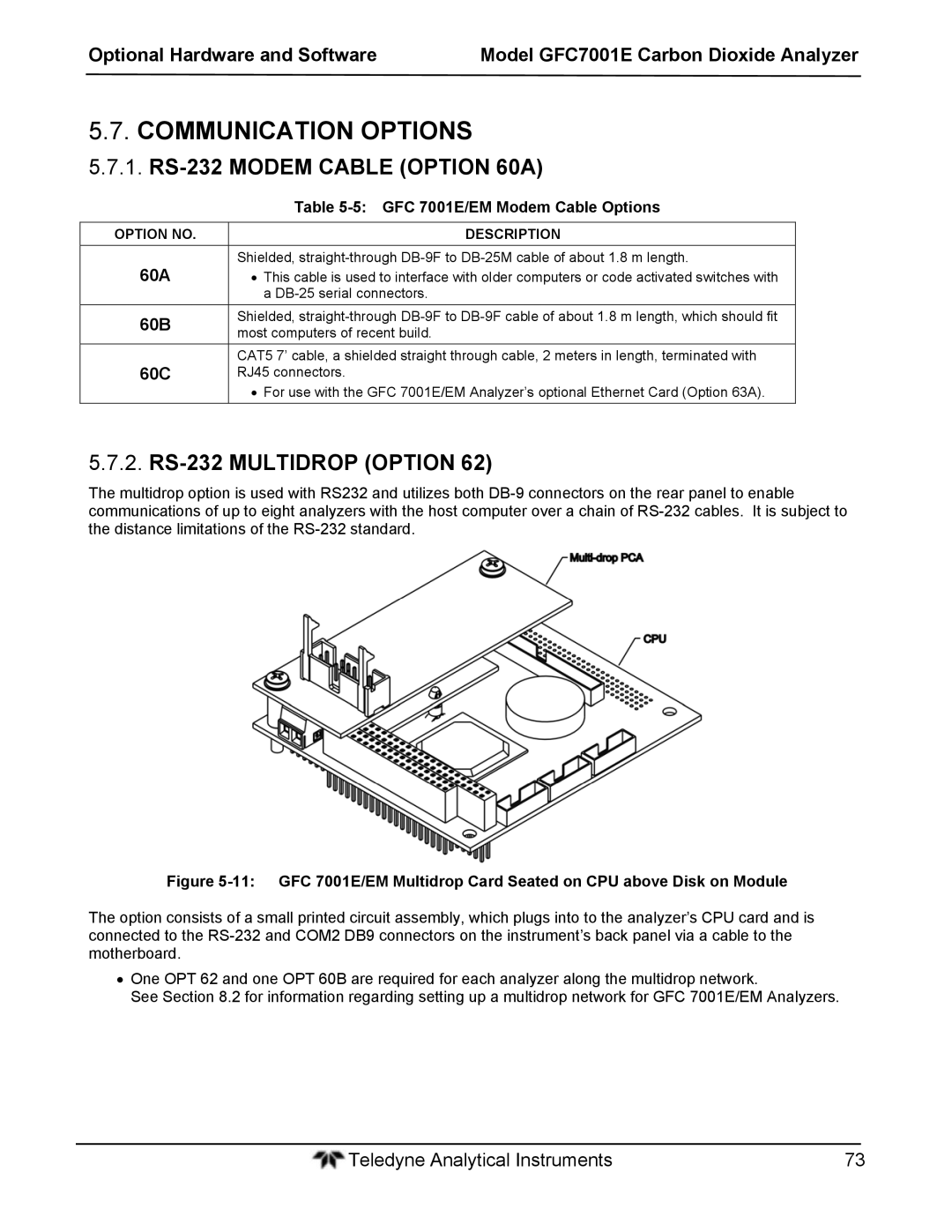 Teledyne GFC 7001EM operation manual Communication Options, 60A, 60B, 60C, GFC 7001E/EM Modem Cable Options 