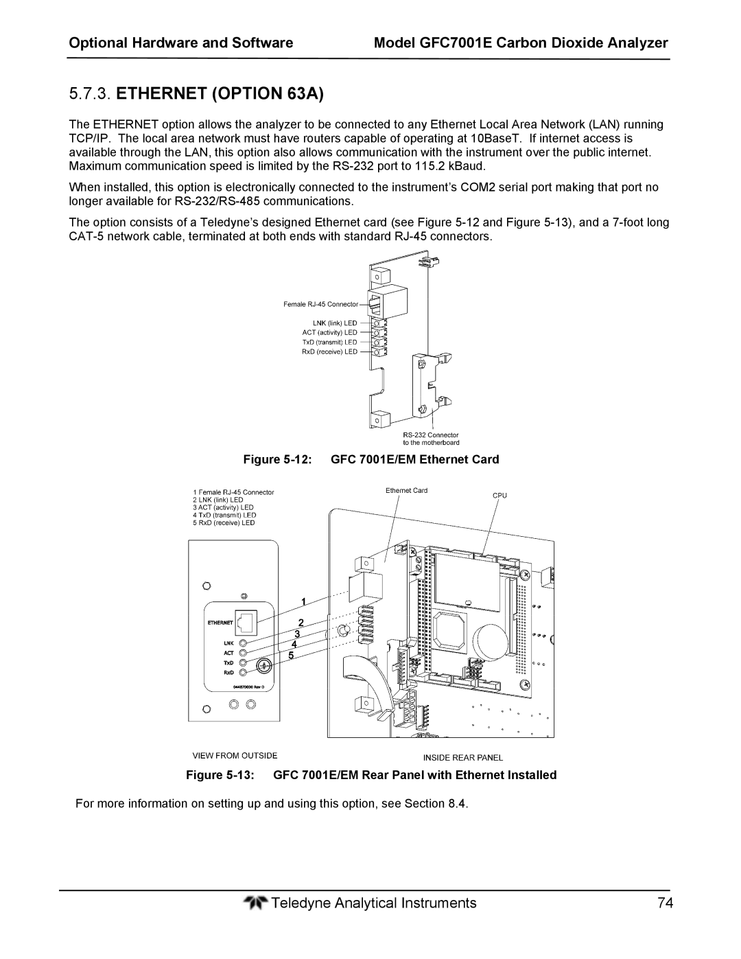 Teledyne GFC 7001EM operation manual Ethernet Option 63A, GFC 7001E/EM Ethernet Card 