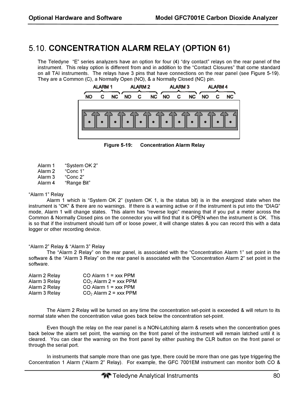 Teledyne GFC 7001EM operation manual Concentration Alarm Relay Option 