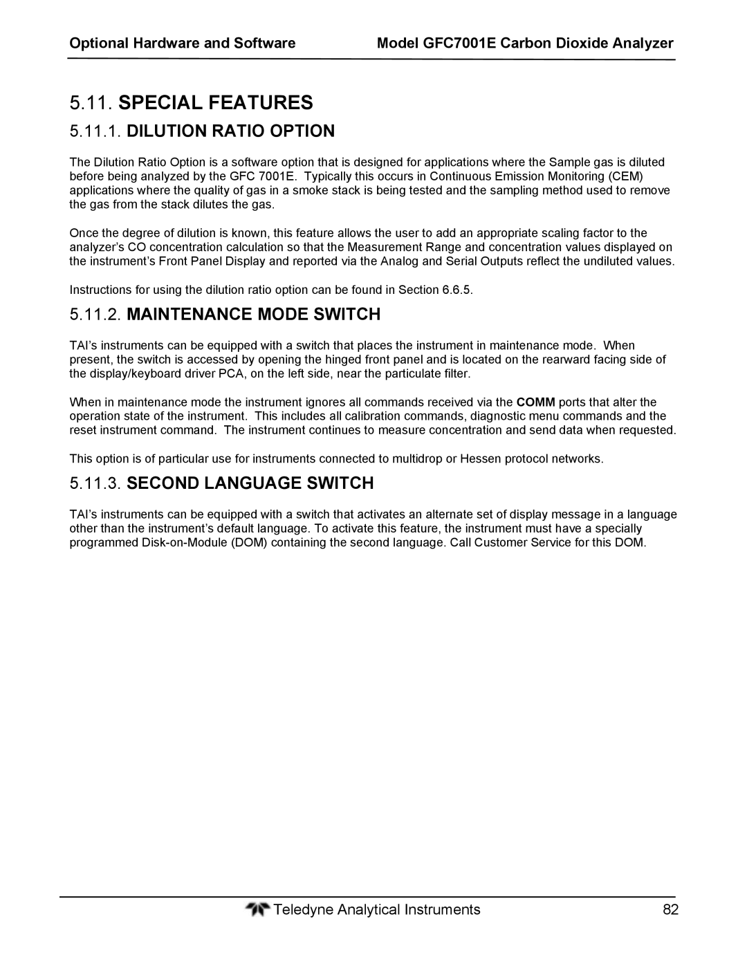 Teledyne GFC 7001EM Special Features, Dilution Ratio Option, Maintenance Mode Switch, Second Language Switch 