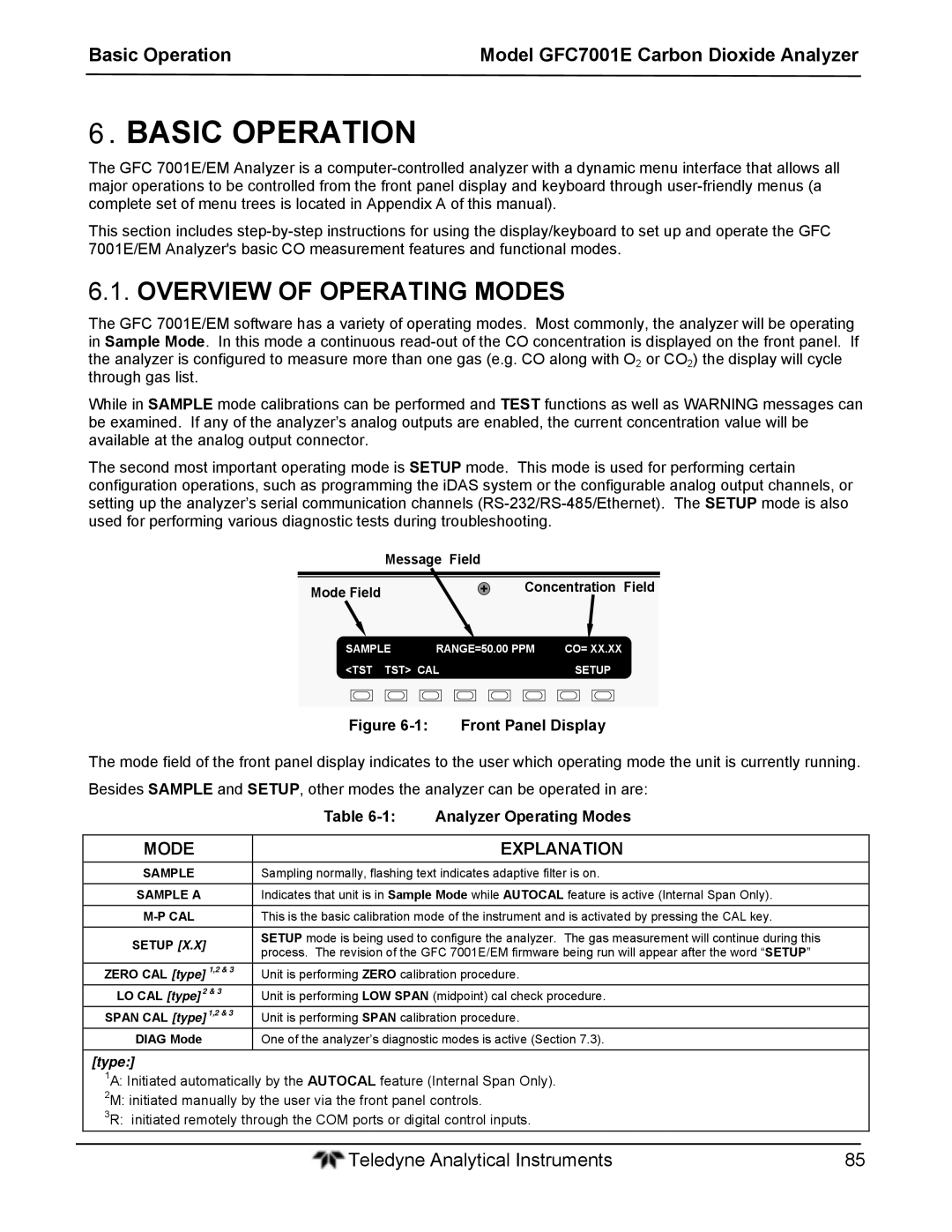 Teledyne GFC 7001EM operation manual Basic Operation, Overview of Operating Modes, Analyzer Operating Modes 