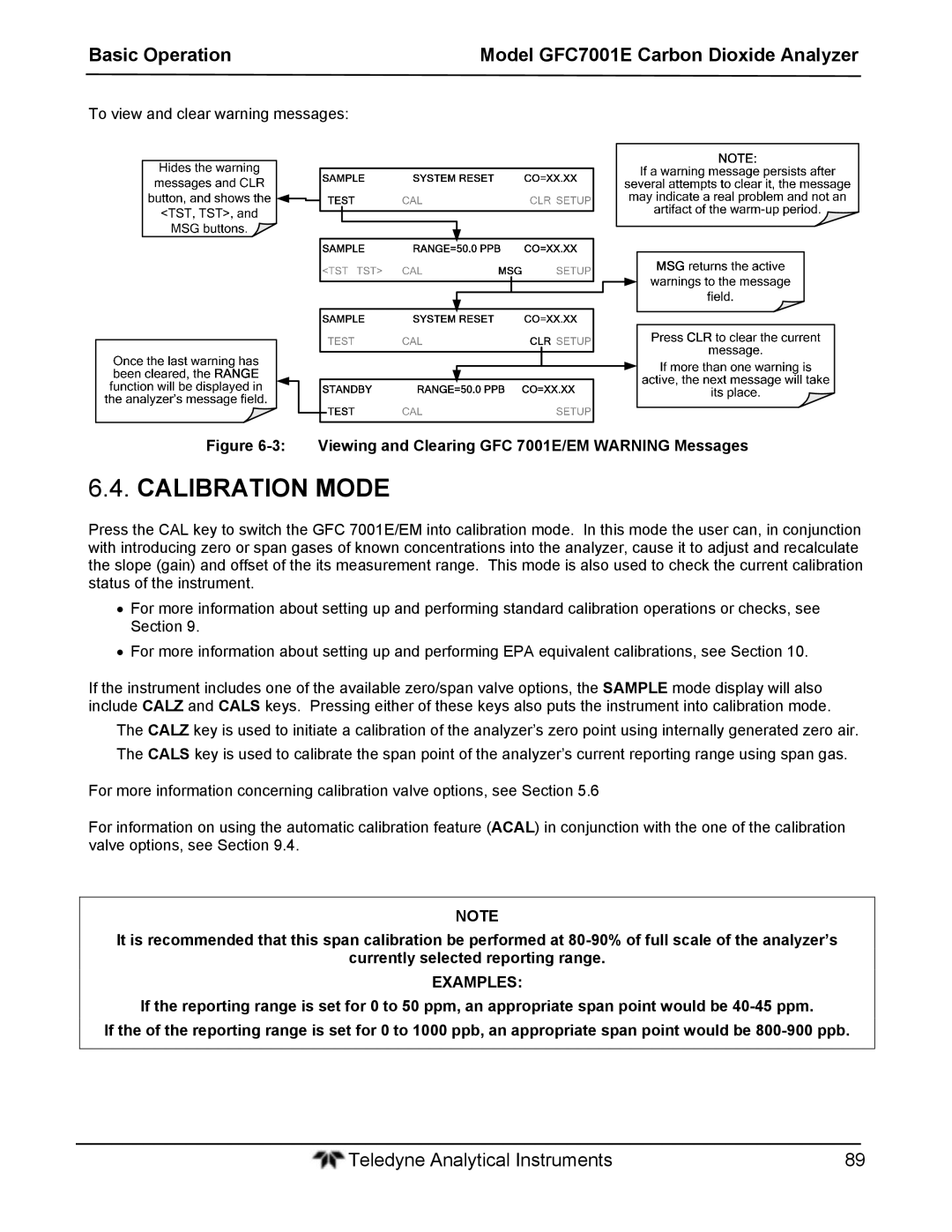 Teledyne GFC 7001EM operation manual Calibration Mode, Examples 