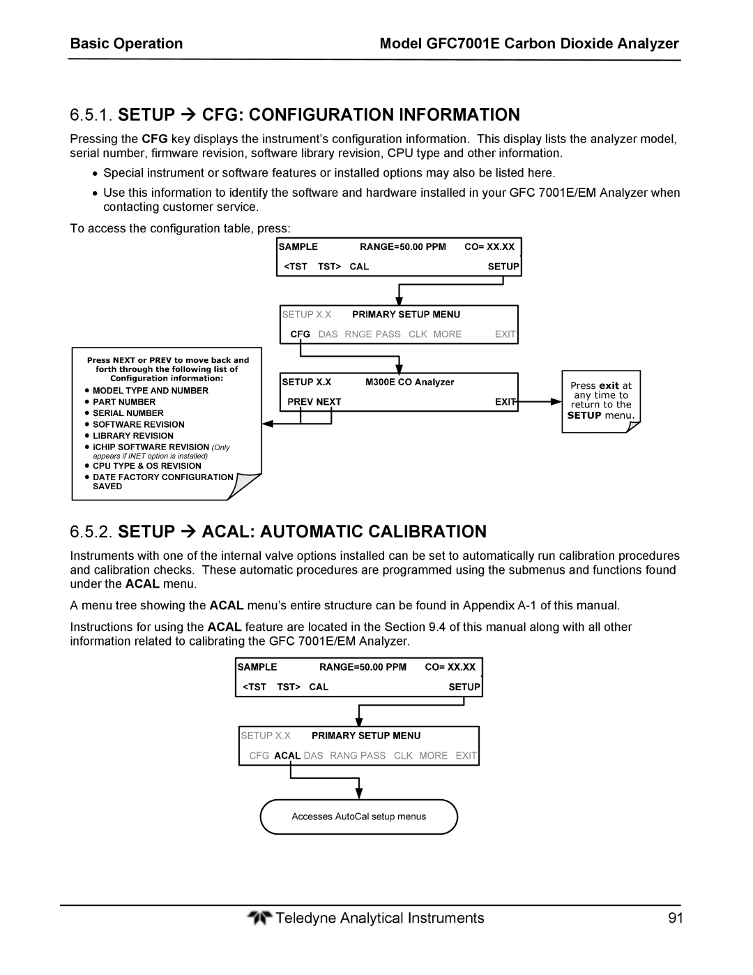 Teledyne GFC 7001EM operation manual Setup  CFG Configuration Information, Setup  Acal Automatic Calibration 