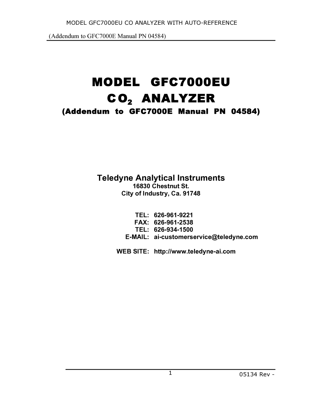 Teledyne manual Model GFC7000EU CO2 Analyzer, Teledyne Analytical Instruments 