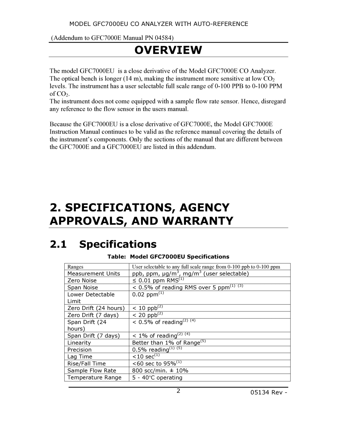 Teledyne manual Overview, Model GFC7000EU Specifications 