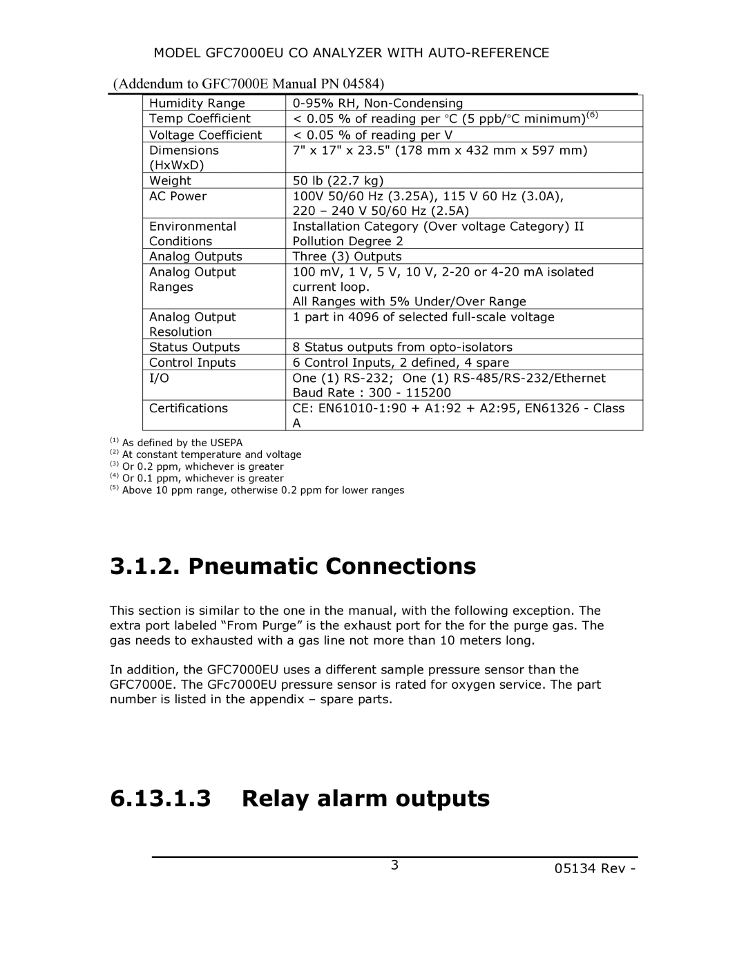 Teledyne GFC7000EU manual Pneumatic Connections 