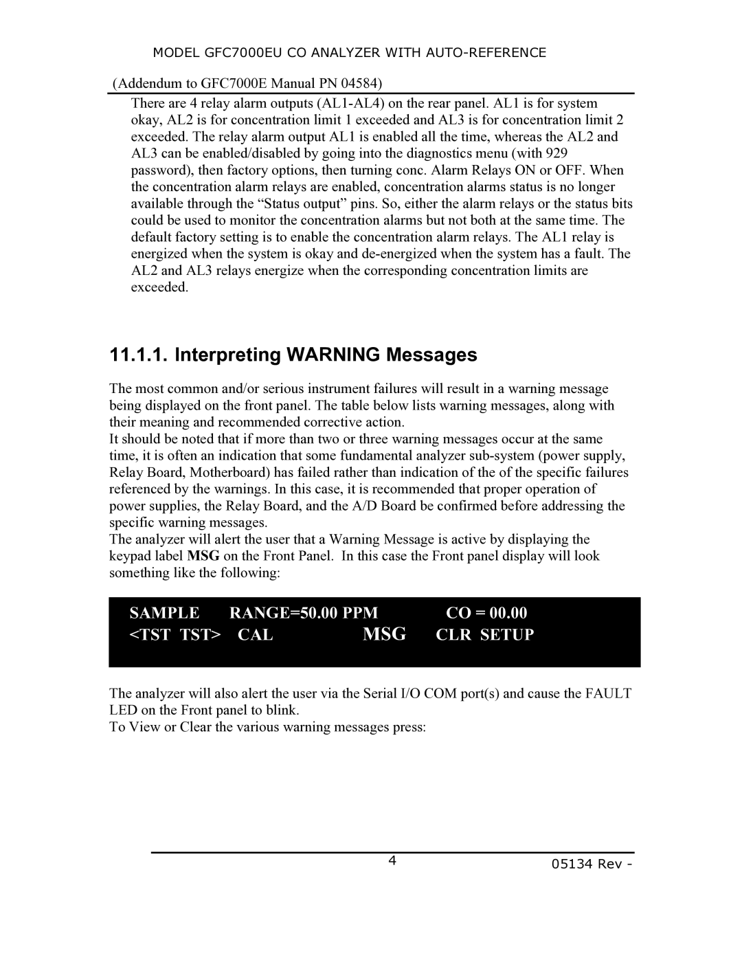 Teledyne GFC7000EU manual Interpreting Warning Messages, Msg 