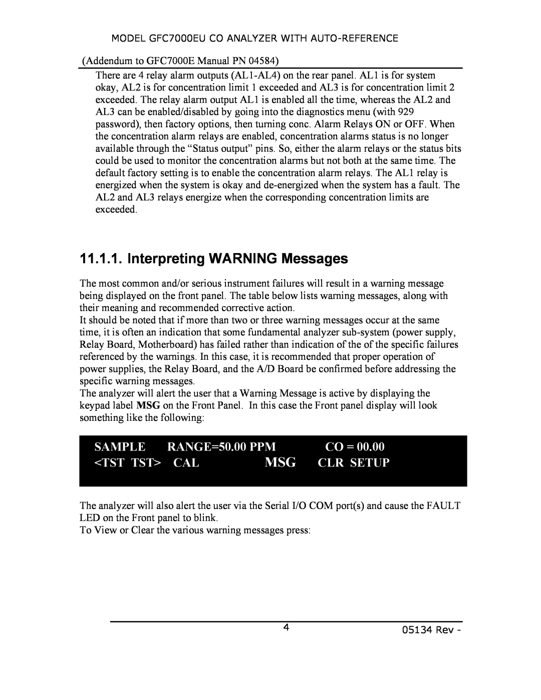 Teledyne GFC7000EU manual Interpreting WARNING Messages, Sample, RANGE=50.00 PPM, Co =, Tst Tst, Clr Setup 