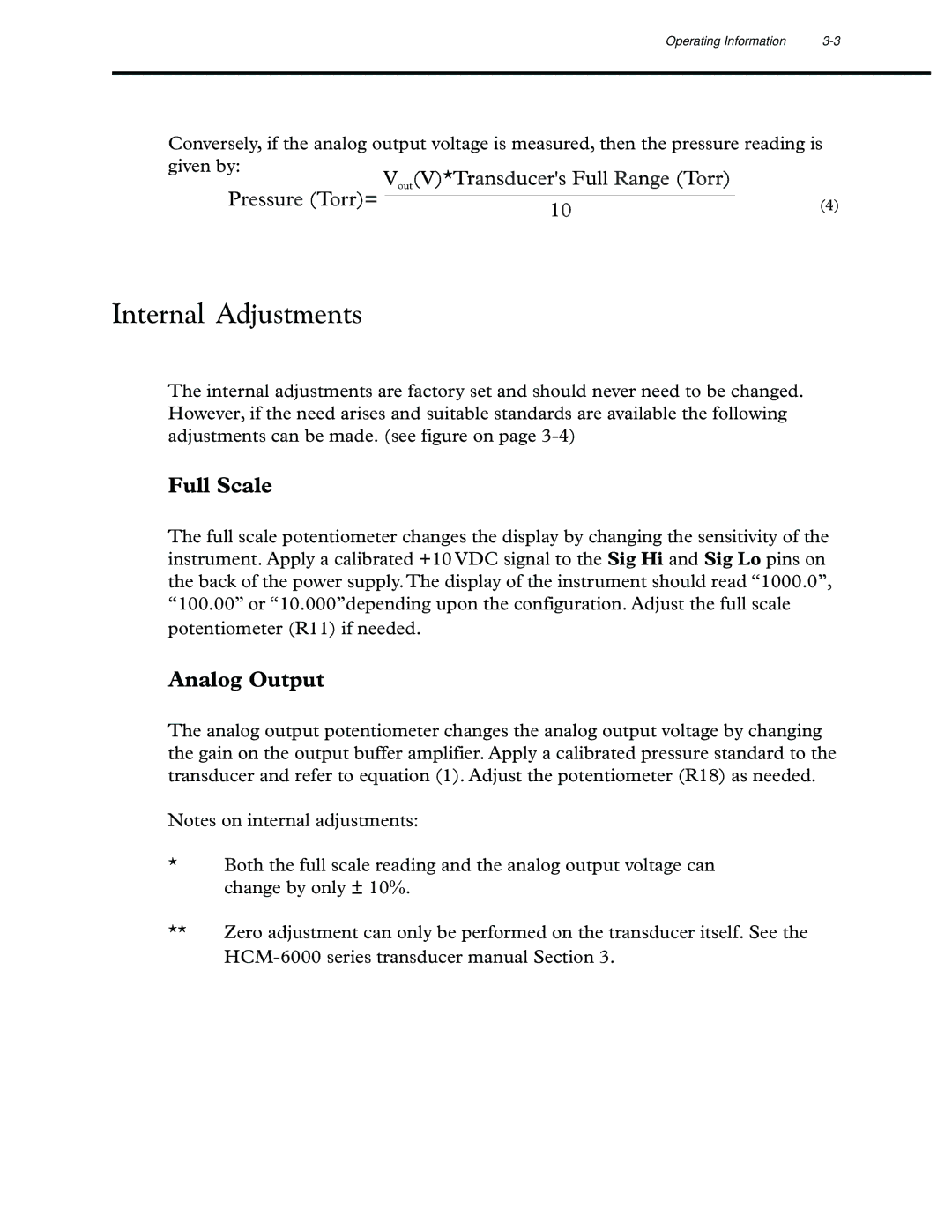 Teledyne HCM-300 manual Internal Adjustments, Full Scale 