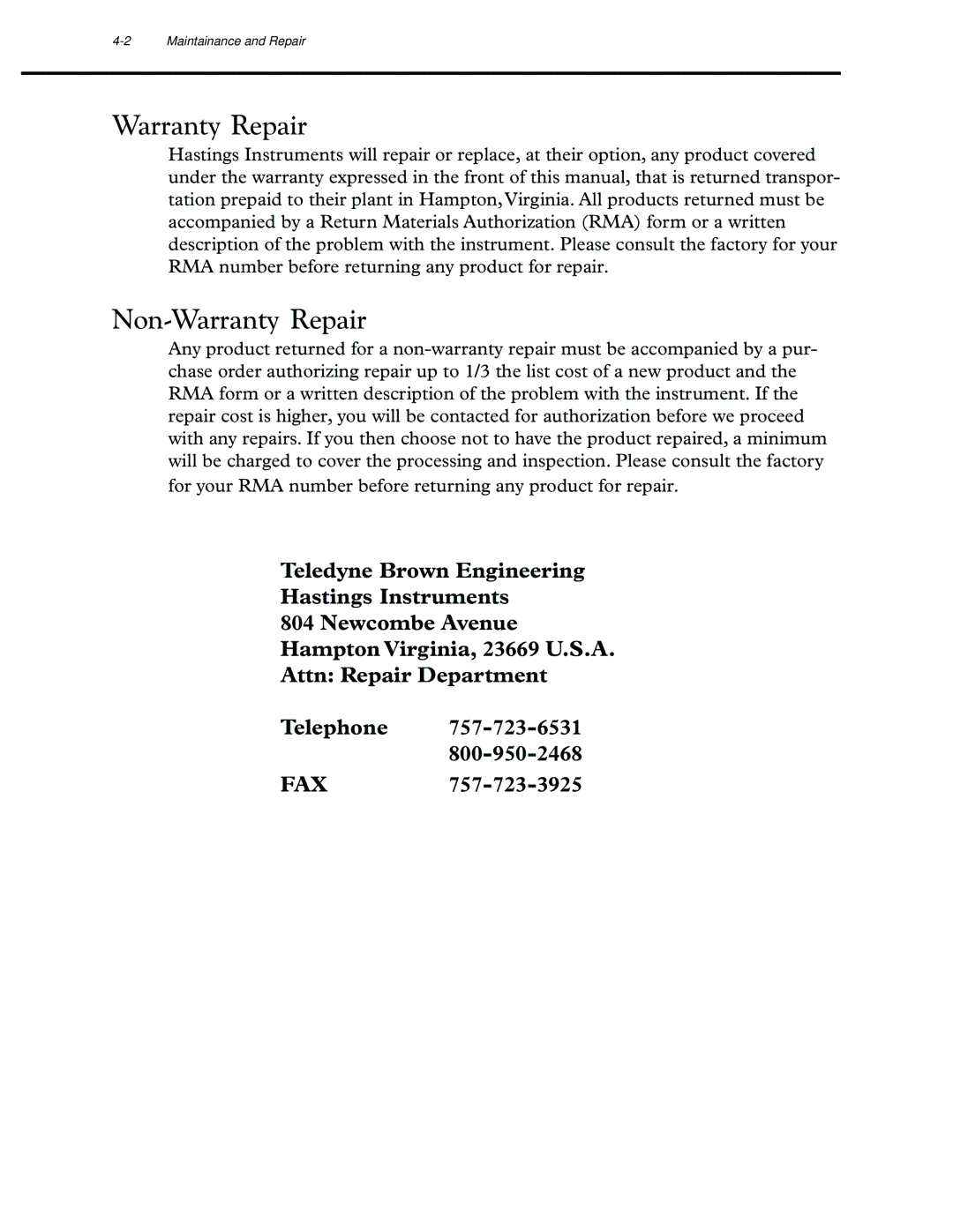 Teledyne HCM-300 manual Non-Warranty Repair 