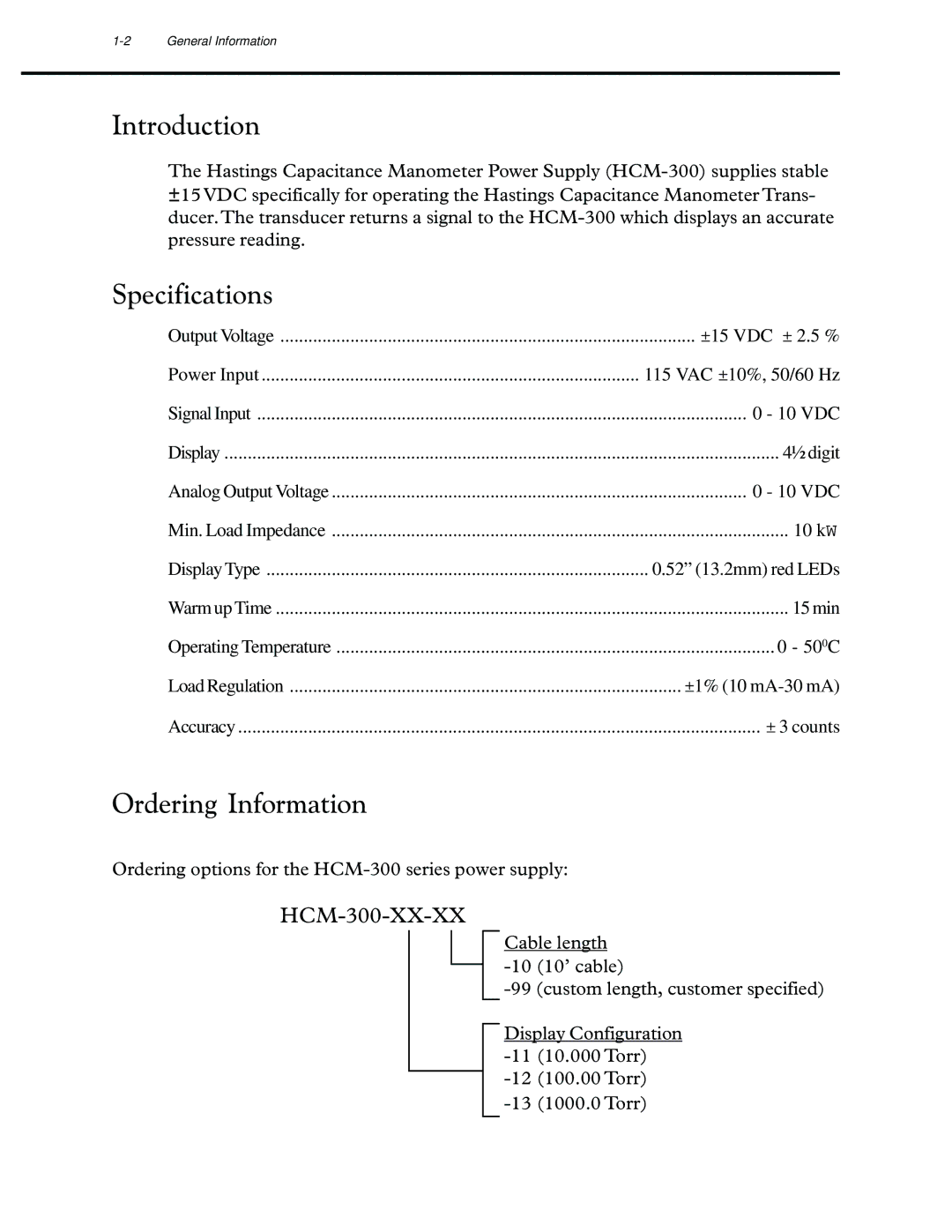 Teledyne HCM-300 manual Introduction, Specifications, Ordering Information 