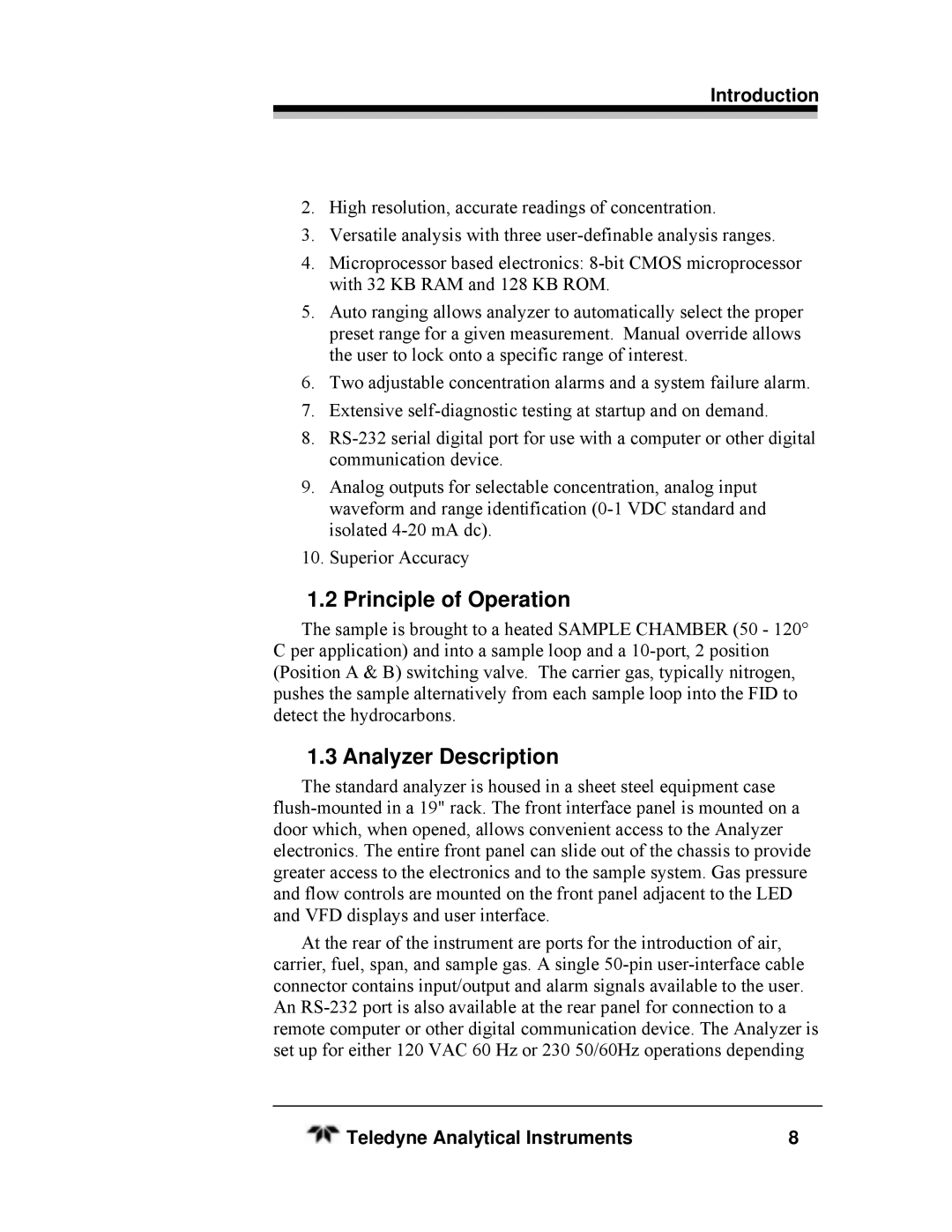 Teledyne HEATED THC, SERIES 4030 manual Principle of Operation, Analyzer Description 