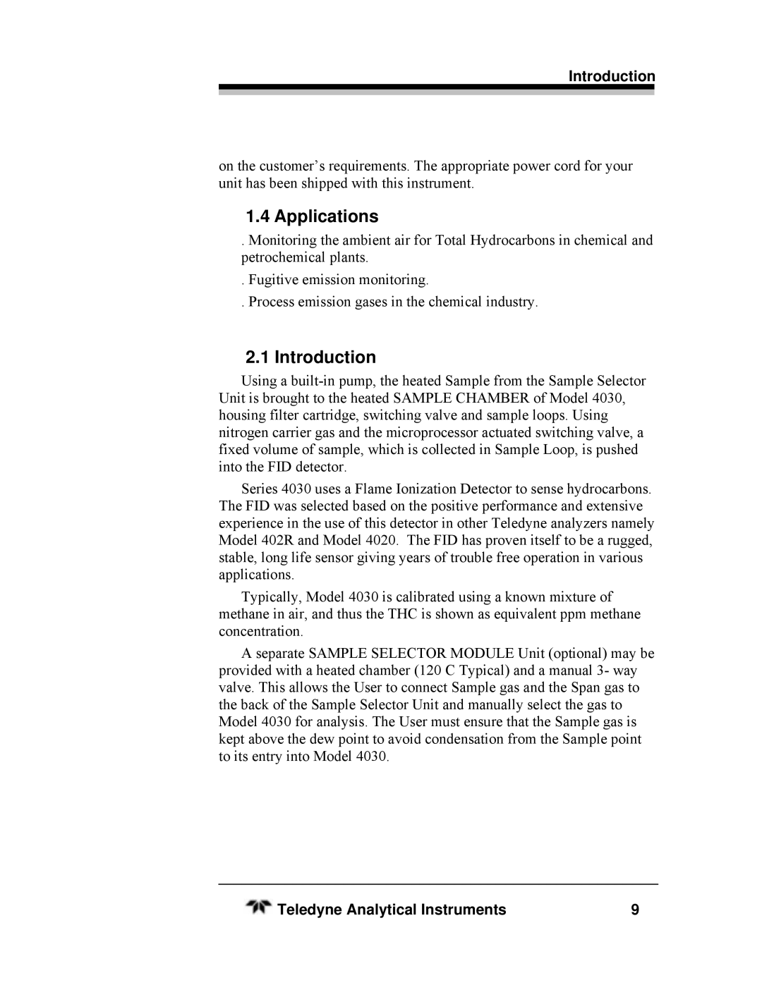 Teledyne SERIES 4030, HEATED THC manual Applications, Introduction 