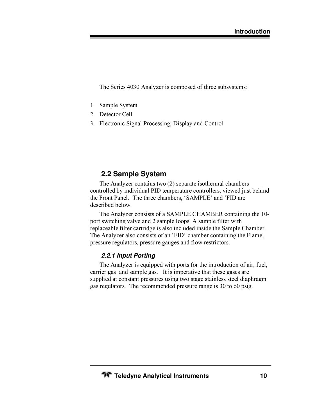 Teledyne HEATED THC, SERIES 4030 manual Sample System, Input Porting 