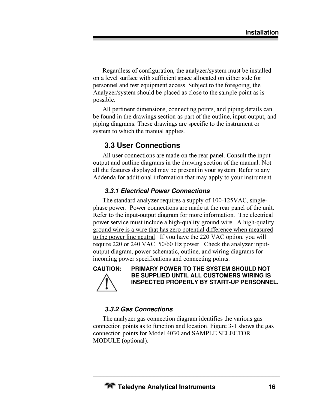 Teledyne HEATED THC, SERIES 4030 manual User Connections, Electrical Power Connections, Gas Connections 