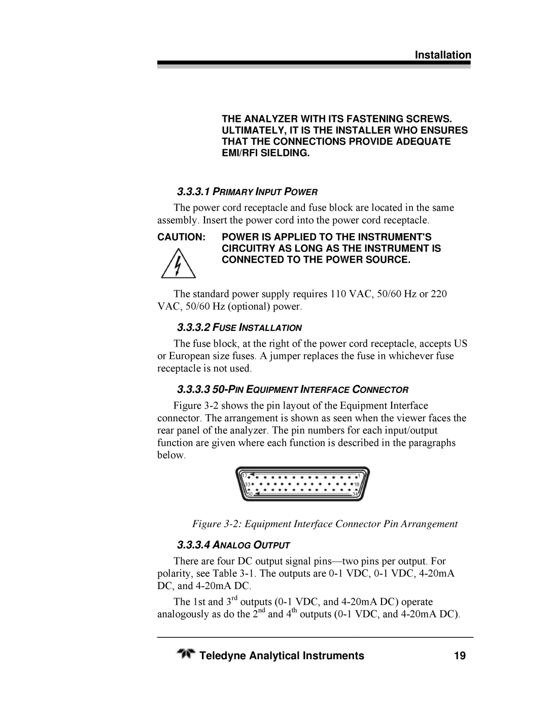 Teledyne SERIES 4030, HEATED THC manual Equipment Interface Connector Pin Arrangement 