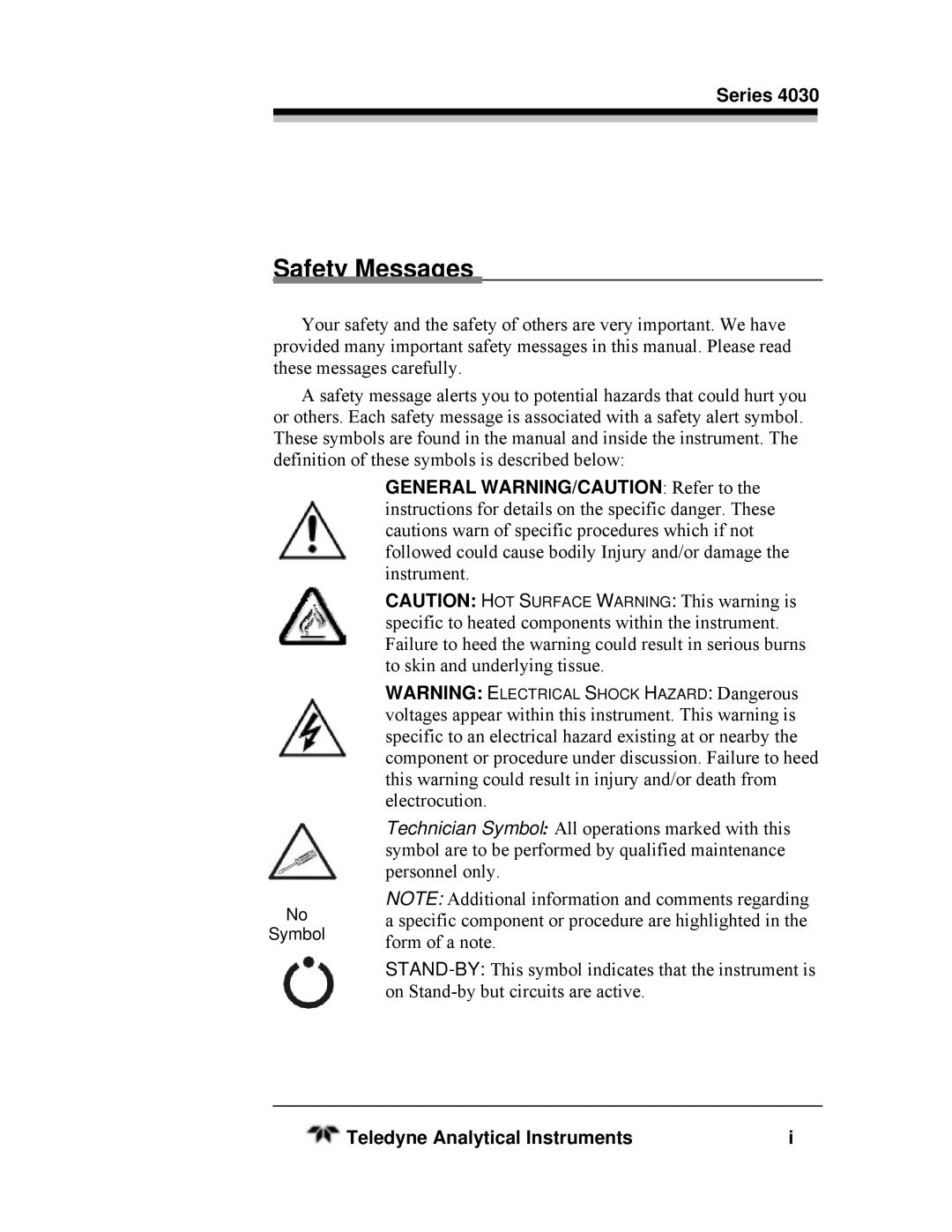 Teledyne SERIES 4030, HEATED THC manual Safety Messages 