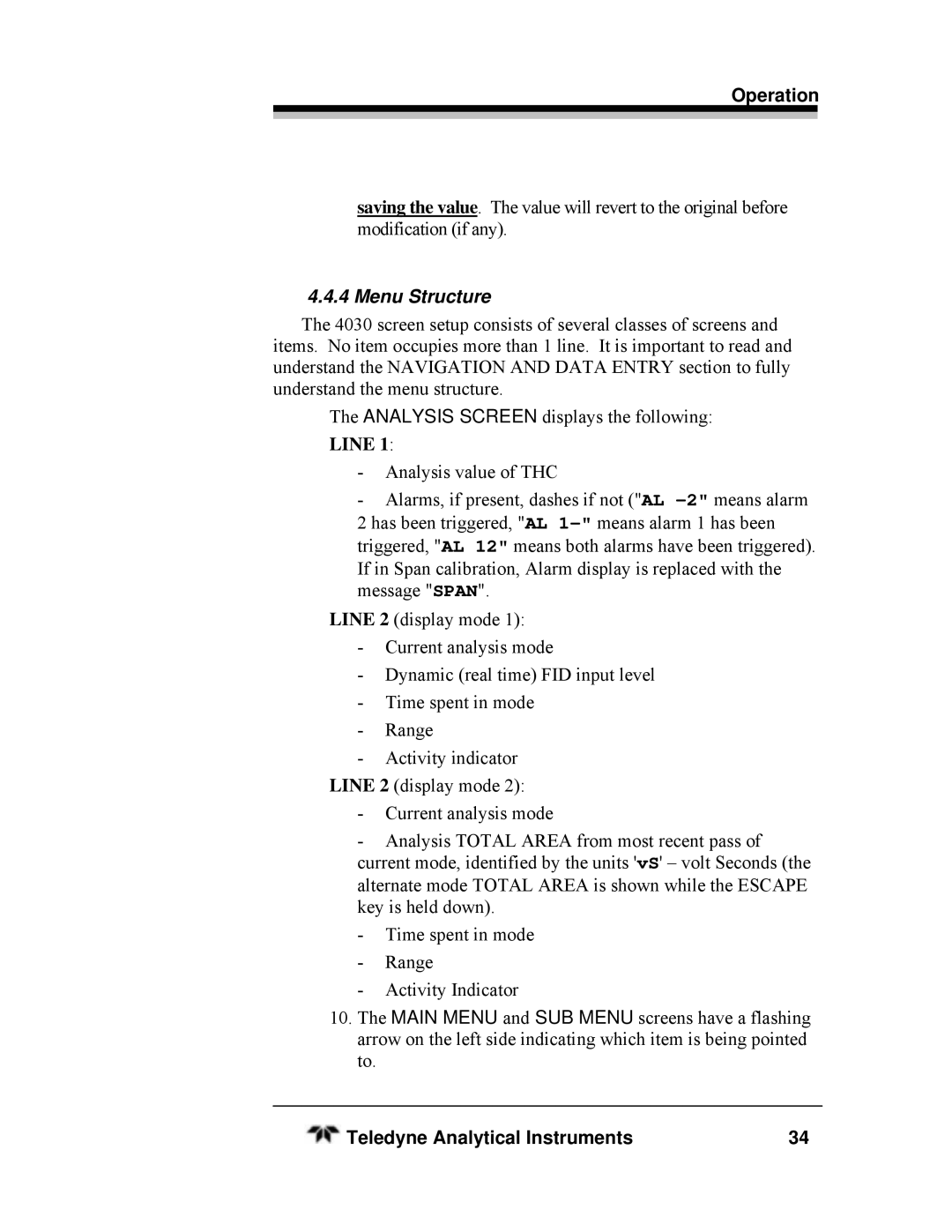 Teledyne HEATED THC, SERIES 4030 manual Menu Structure, Line 