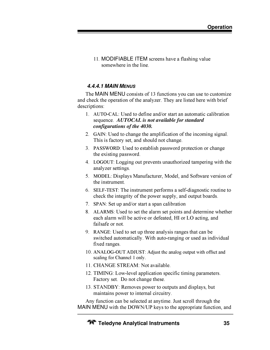 Teledyne SERIES 4030, HEATED THC manual Main Menus 