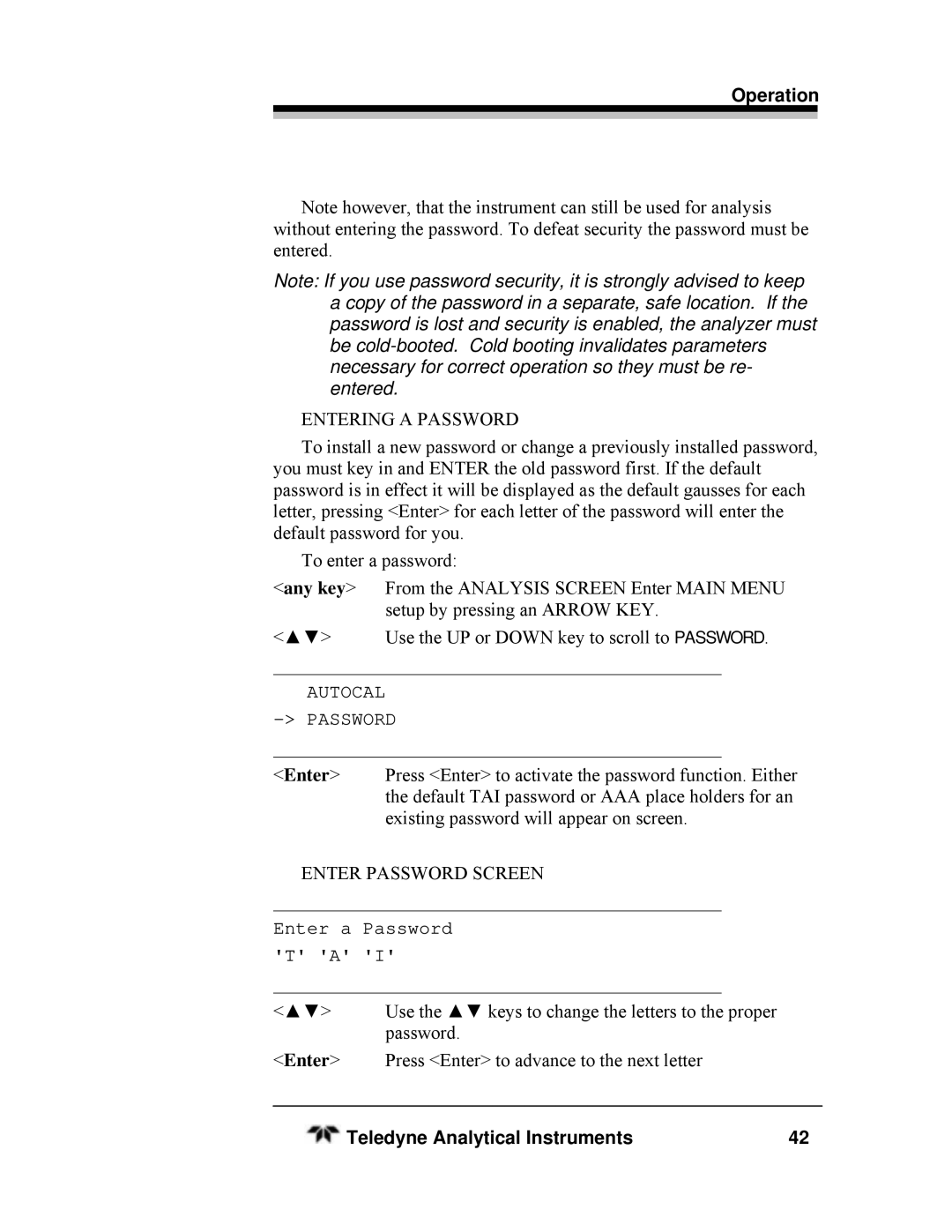 Teledyne HEATED THC, SERIES 4030 manual Entering a Password 