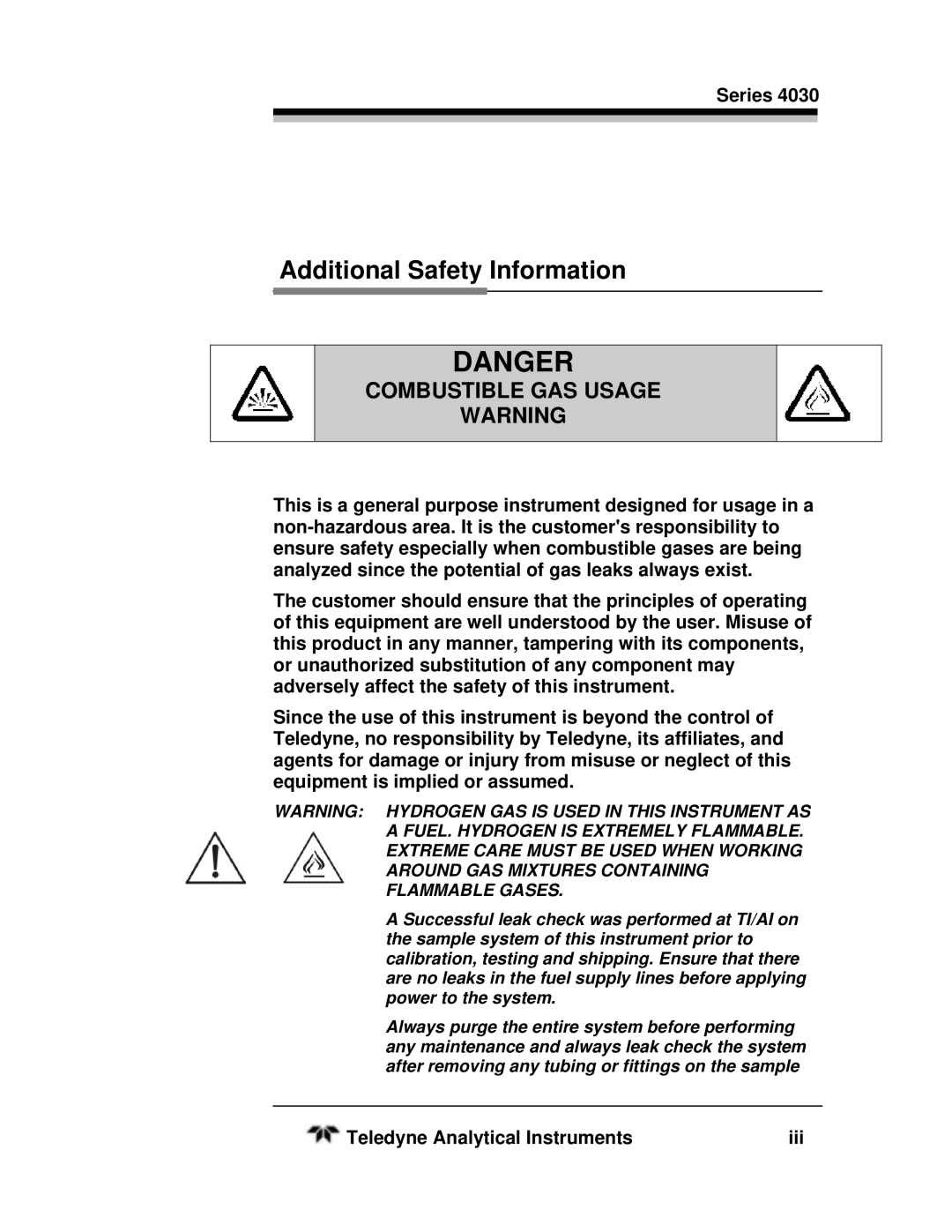 Teledyne SERIES 4030, HEATED THC manual Additional Safety Information 