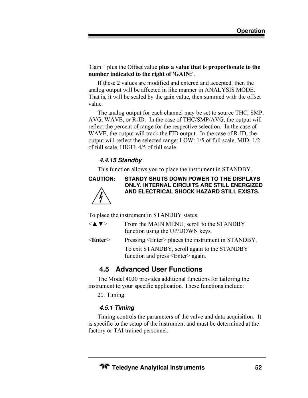 Teledyne HEATED THC, SERIES 4030 manual Advanced User Functions, Standby, Timing 