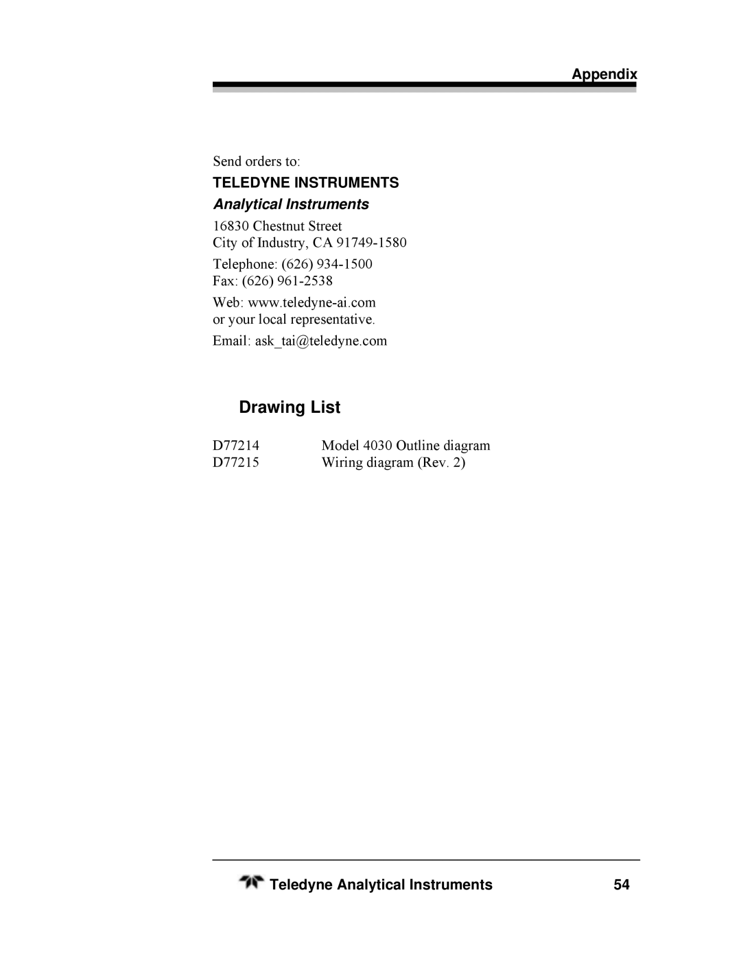 Teledyne HEATED THC, SERIES 4030 manual Drawing List, Analytical Instruments 