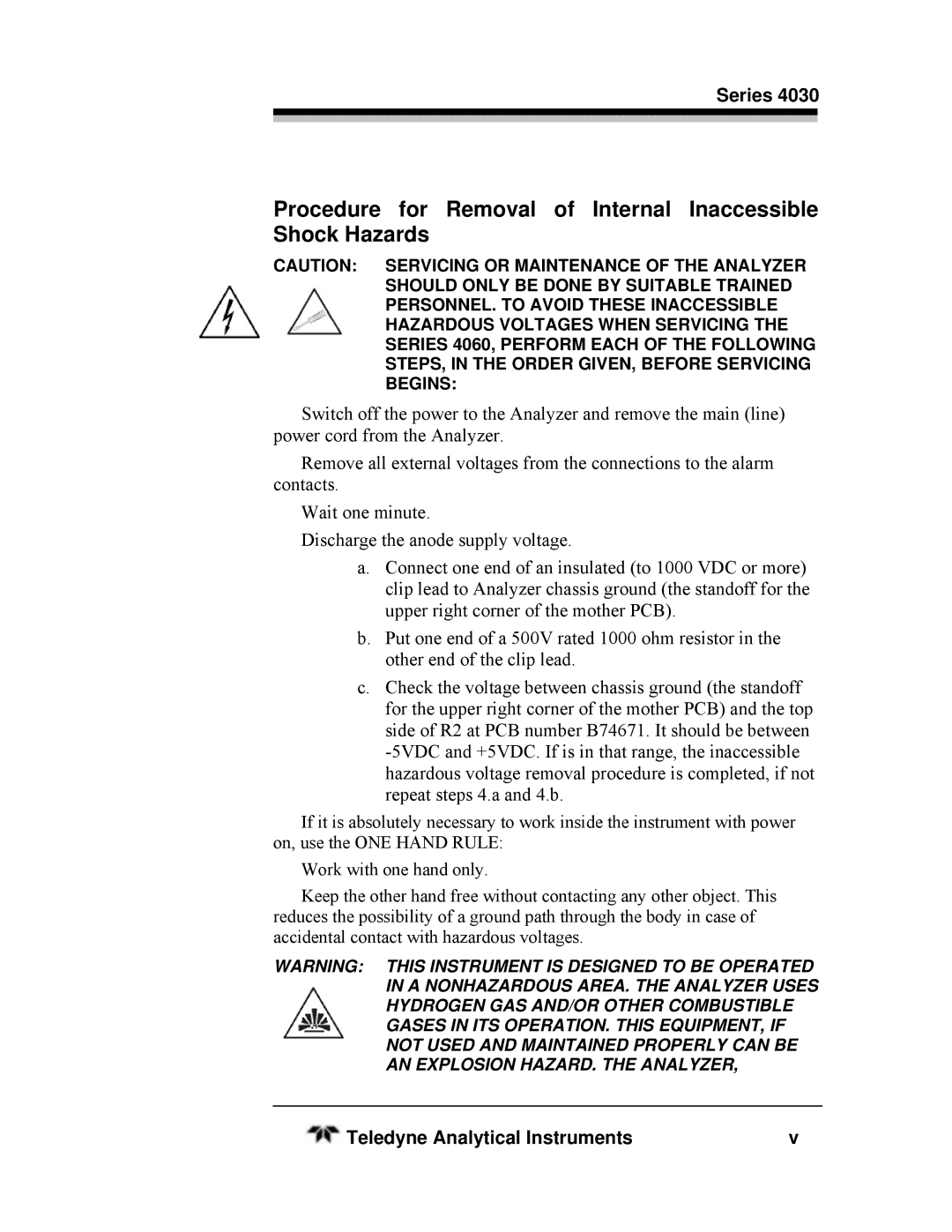 Teledyne SERIES 4030, HEATED THC manual Procedure for Removal of Internal Inaccessible Shock Hazards 