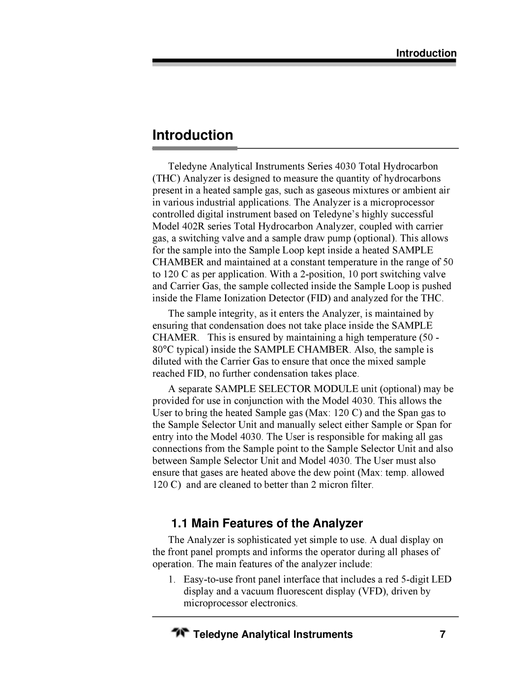 Teledyne SERIES 4030, HEATED THC manual Introduction, Main Features of the Analyzer 