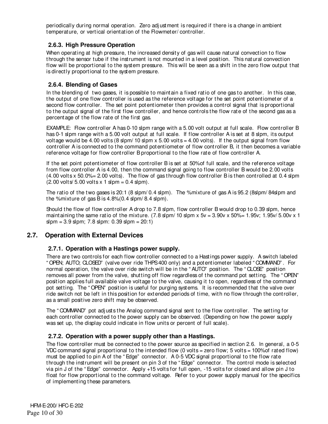 Teledyne HFC-E-202, HFM-E-200 instruction manual Operation with External Devices, High Pressure Operation, Blending of Gases 