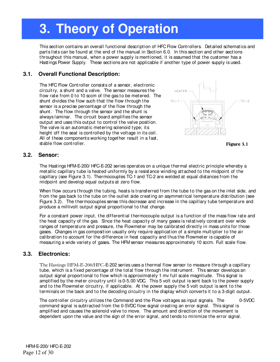 Teledyne HFC-E-202, HFM-E-200 instruction manual Theory of Operation, Overall Functional Description, Sensor, Electronics 