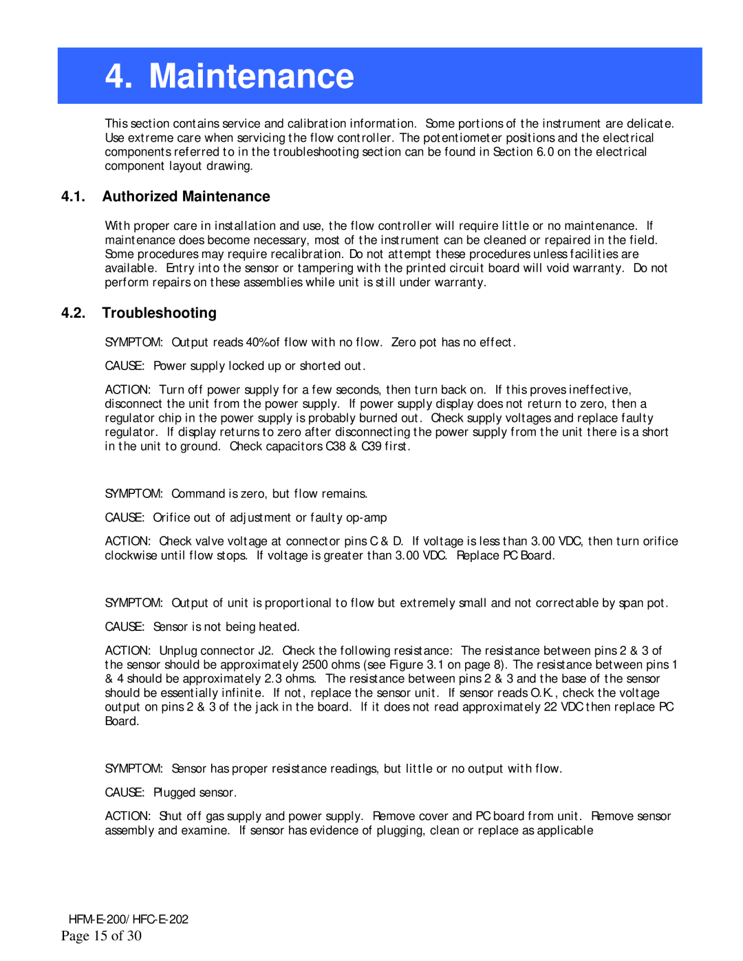 Teledyne HFM-E-200, HFC-E-202 instruction manual Authorized Maintenance, Troubleshooting 