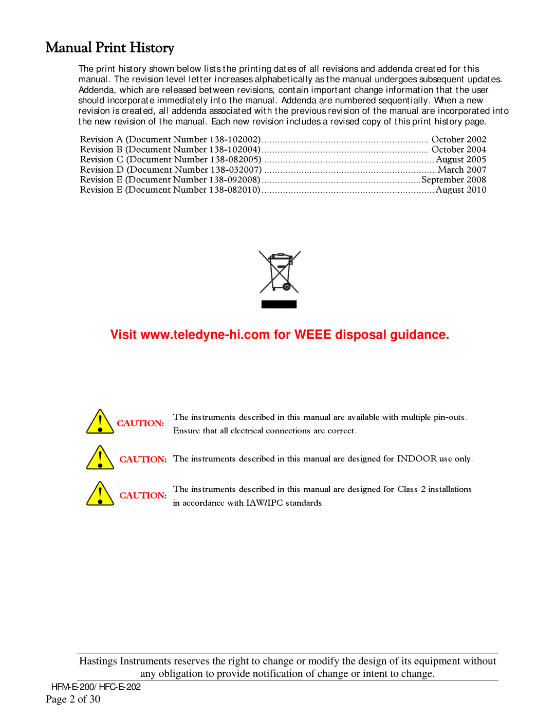 Teledyne HFC-E-202, HFM-E-200 instruction manual Manual Print History 