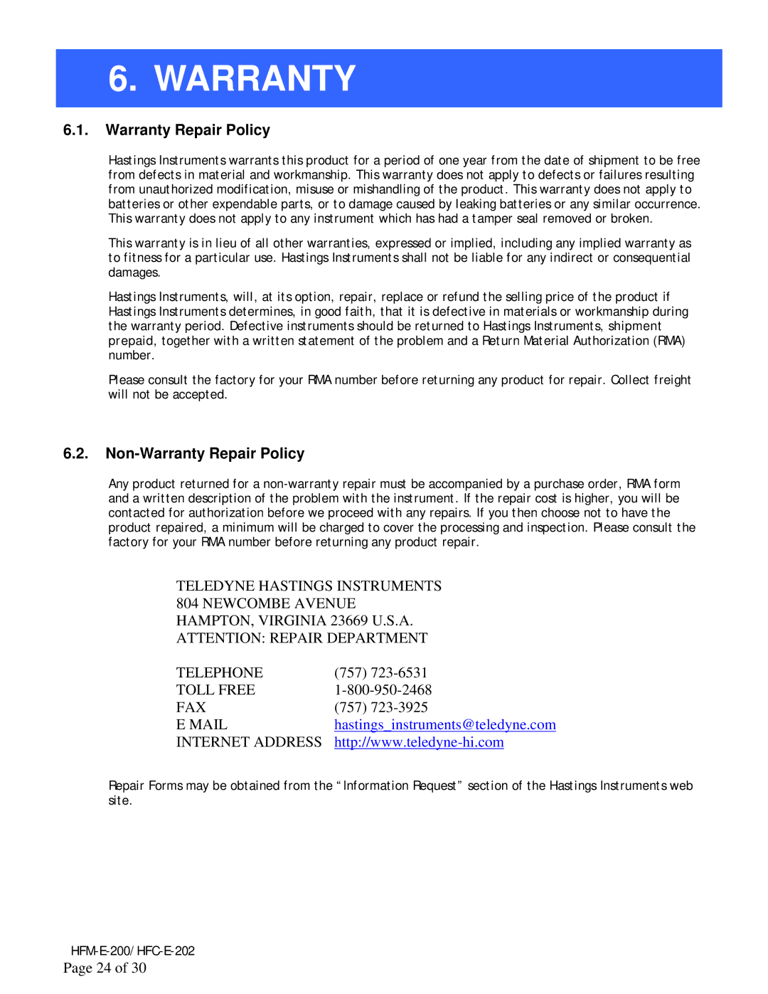 Teledyne HFC-E-202, HFM-E-200 instruction manual Non-Warranty Repair Policy 