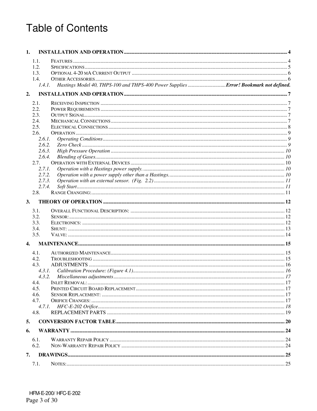 Teledyne HFM-E-200, HFC-E-202 instruction manual Table of Contents 