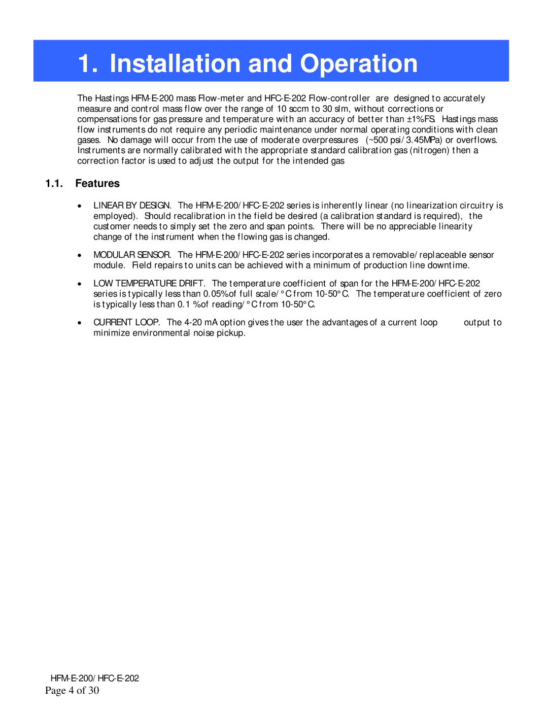 Teledyne HFC-E-202, HFM-E-200 instruction manual Installation and Operation, Features 