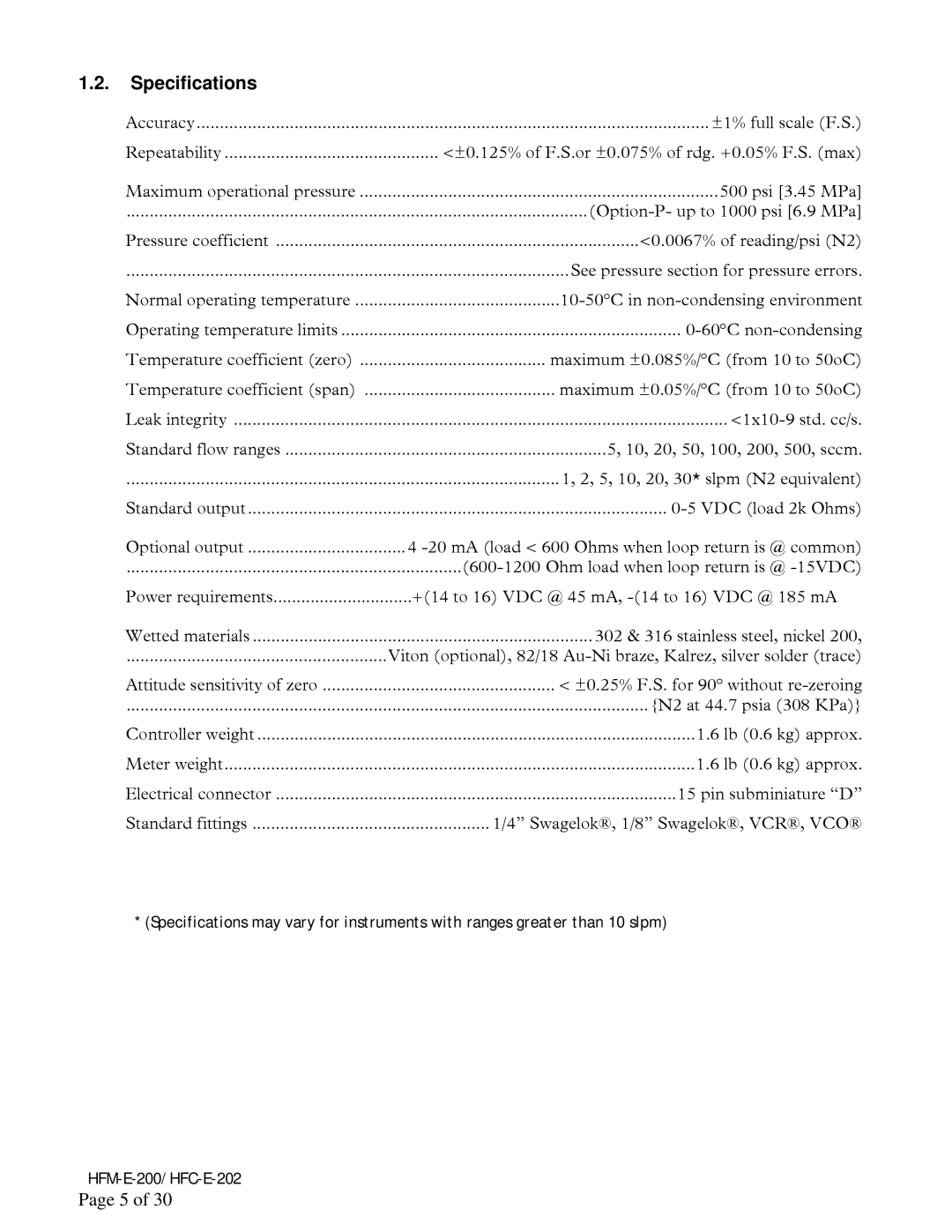 Teledyne HFM-E-200, HFC-E-202 instruction manual Specifications, Swagelok, 1/8 Swagelok, VCR, VCO 