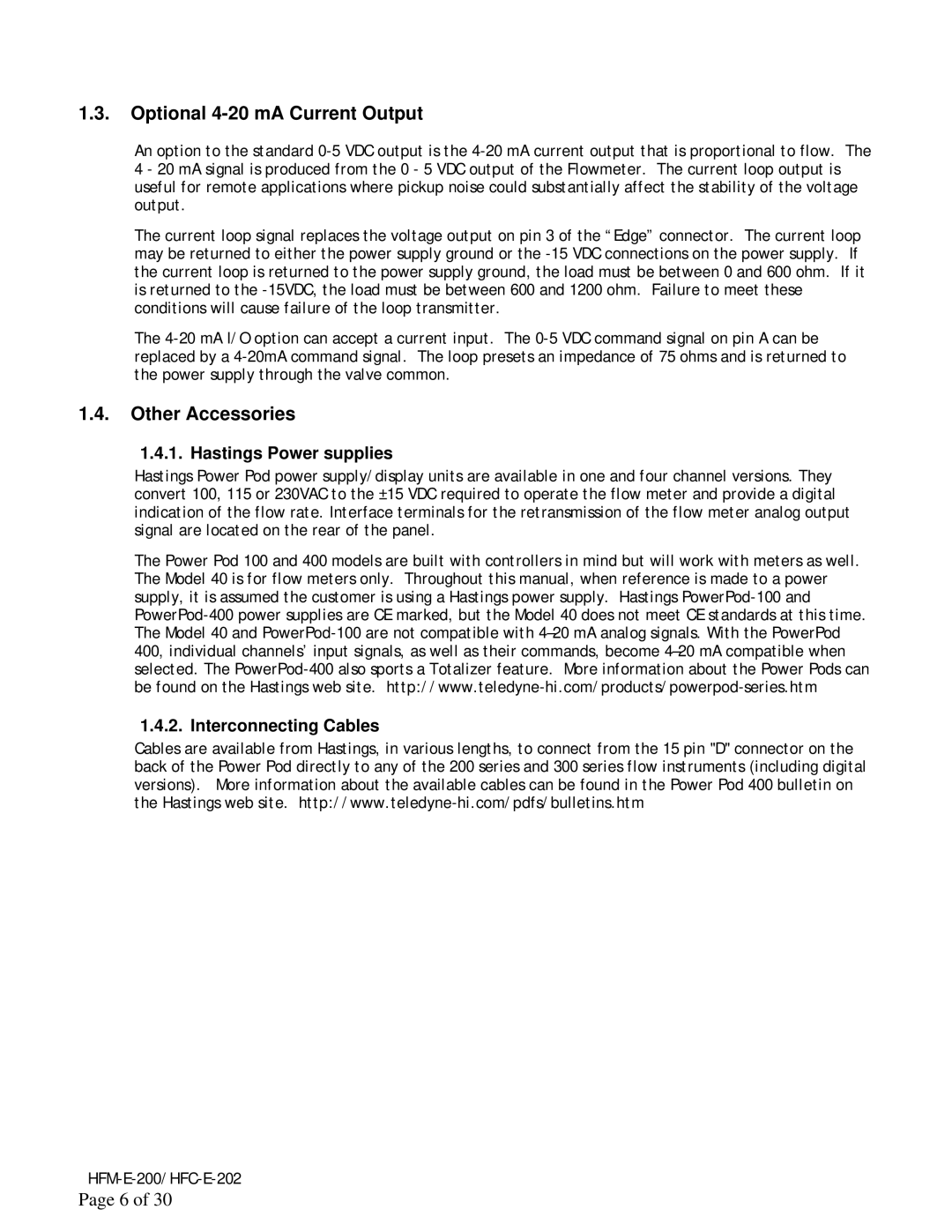 Teledyne HFC-E-202 Optional 4-20 mA Current Output, Other Accessories, Hastings Power supplies, Interconnecting Cables 