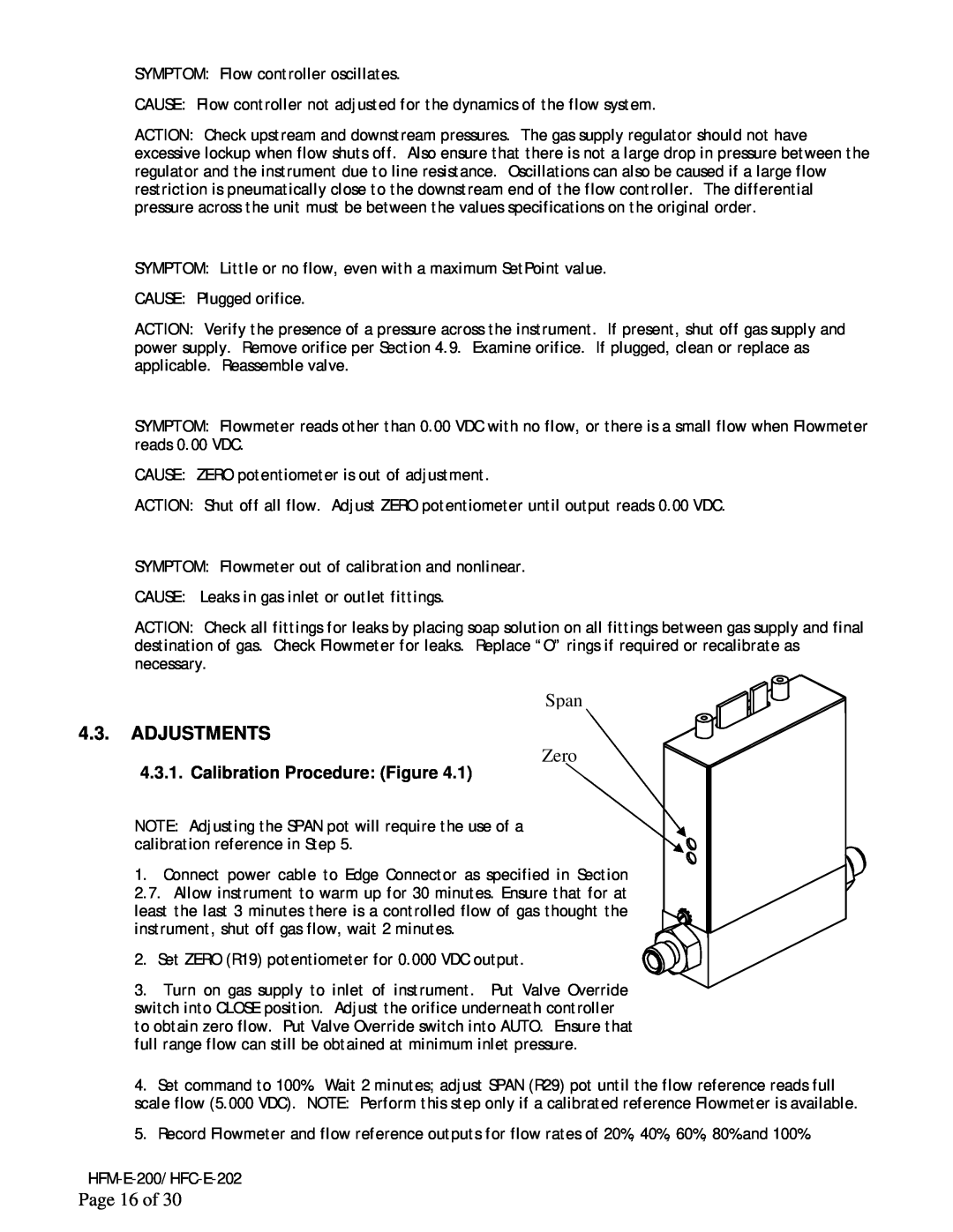 Teledyne HFC-E-202, HFM-E-200 instruction manual Adjustments, Span, Zero, Page 16 of, Calibration Procedure Figure 