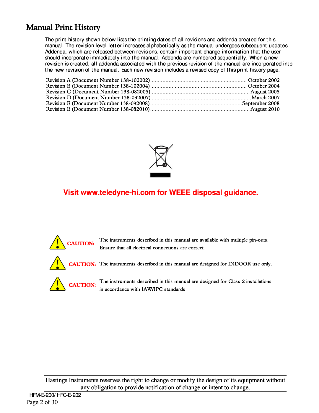 Teledyne HFC-E-202 Manual Print History, any obligation to provide notification of change or intent to change, Page 2 of 