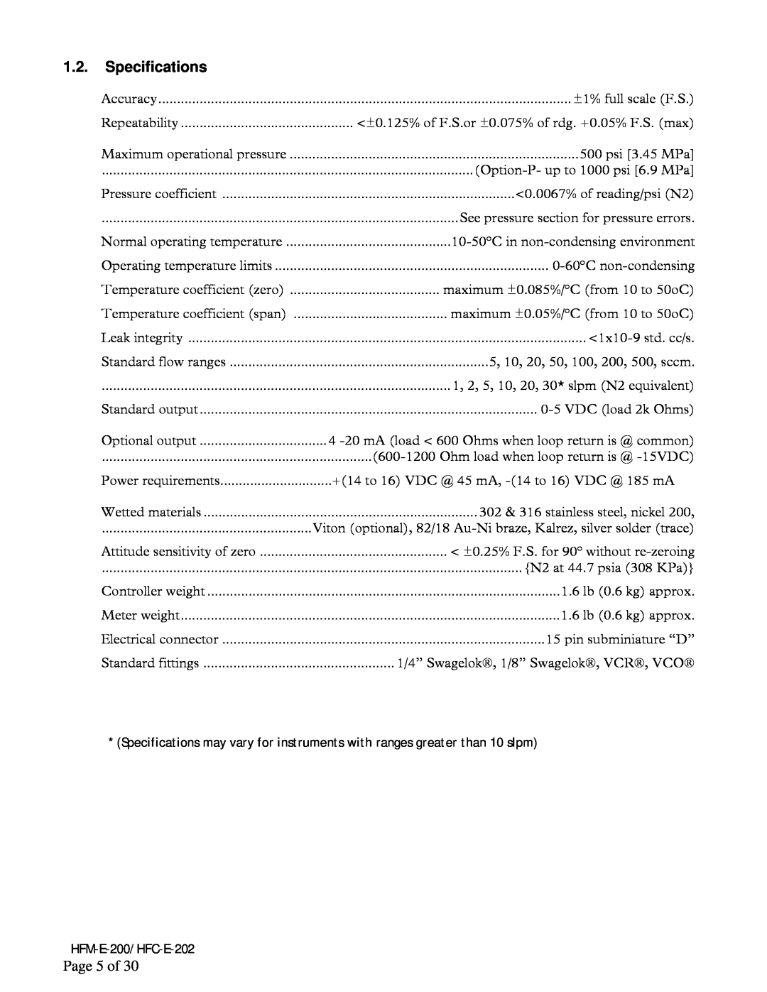 Teledyne HFM-E-200, HFC-E-202 instruction manual Specifications, Page 5 of 
