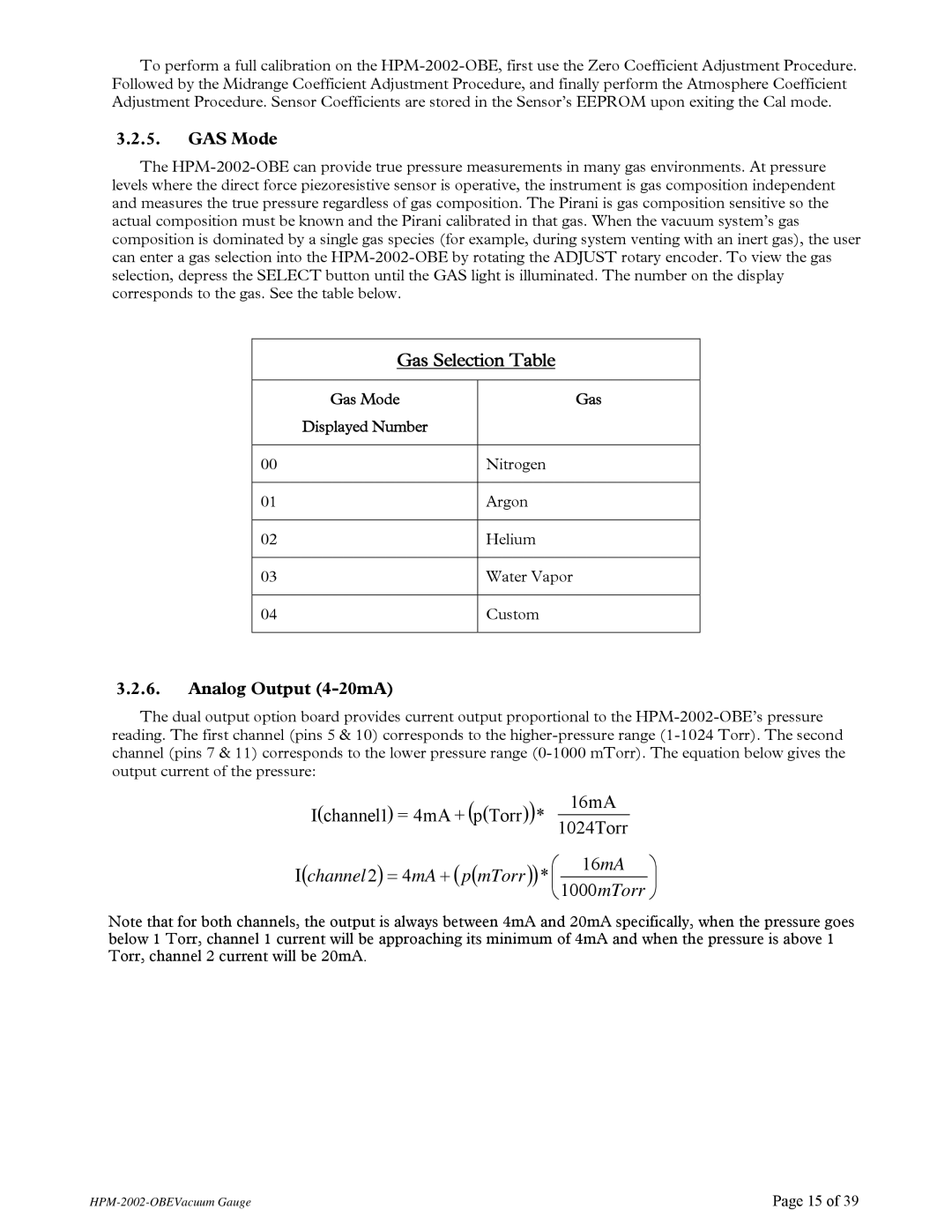 Teledyne HPM-2002-OBE instruction manual GAS Mode, Analog Output 4-20mA 