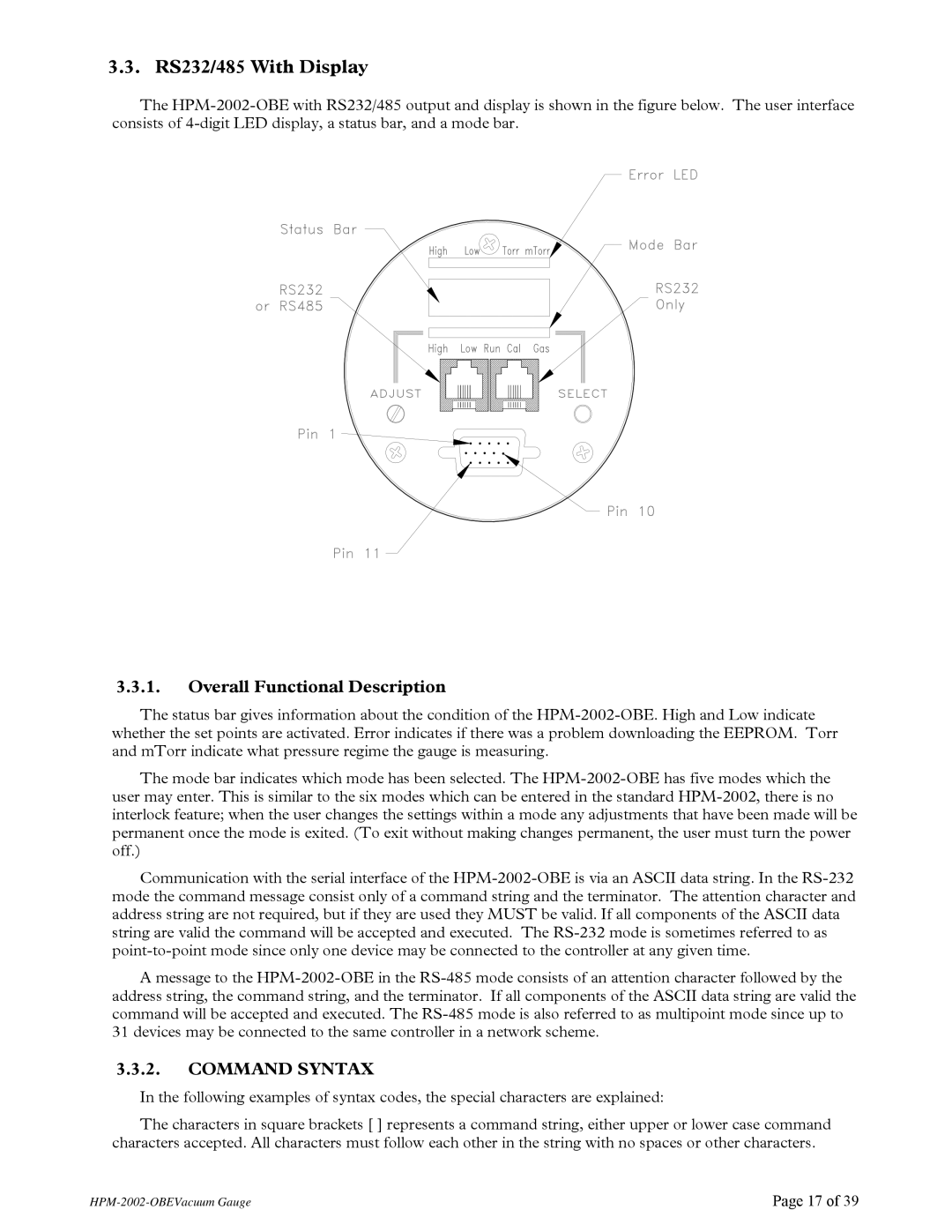 Teledyne HPM-2002-OBE instruction manual RS232/485 With Display, Command Syntax 