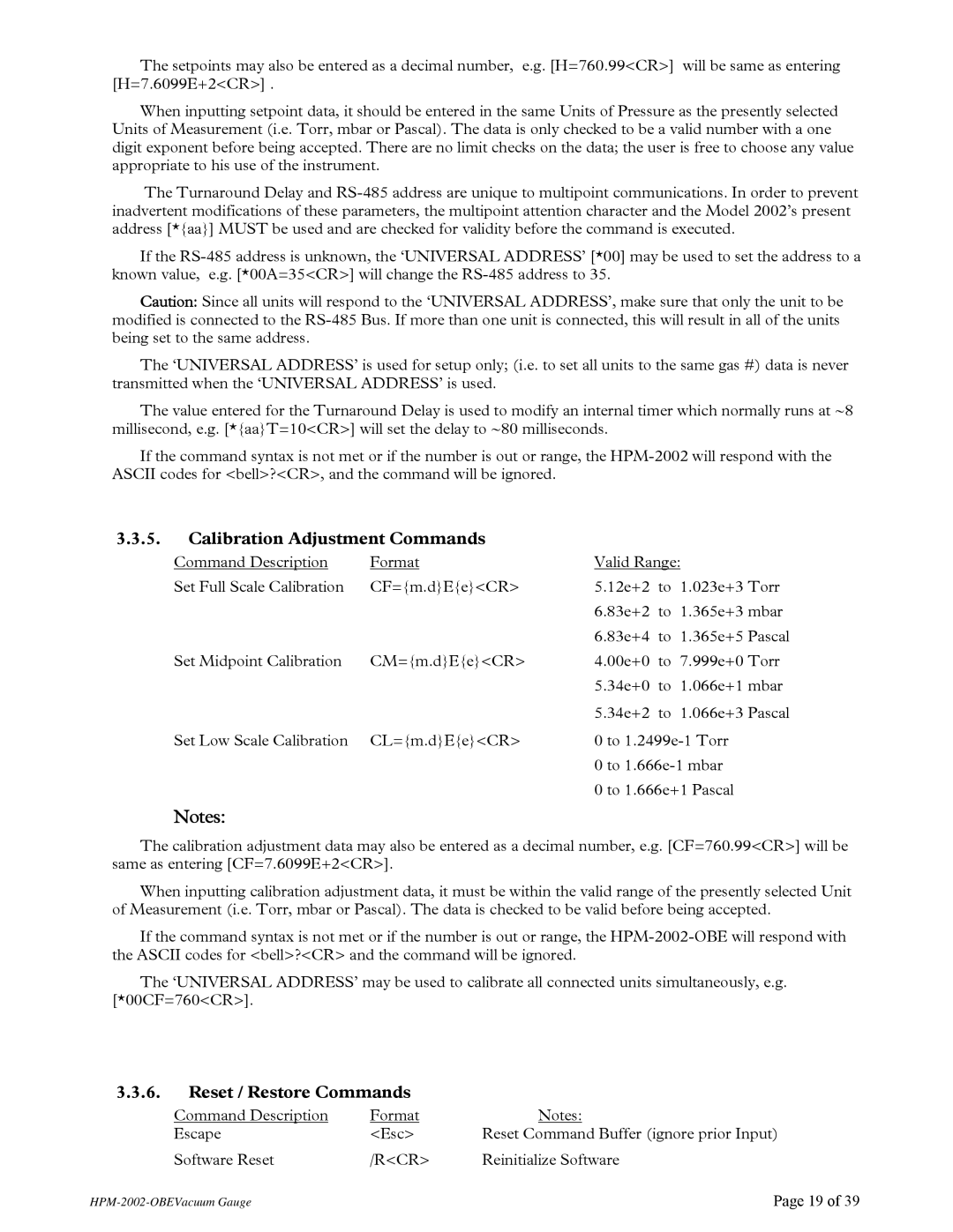 Teledyne HPM-2002-OBE instruction manual Calibration Adjustment Commands, Reset / Restore Commands 