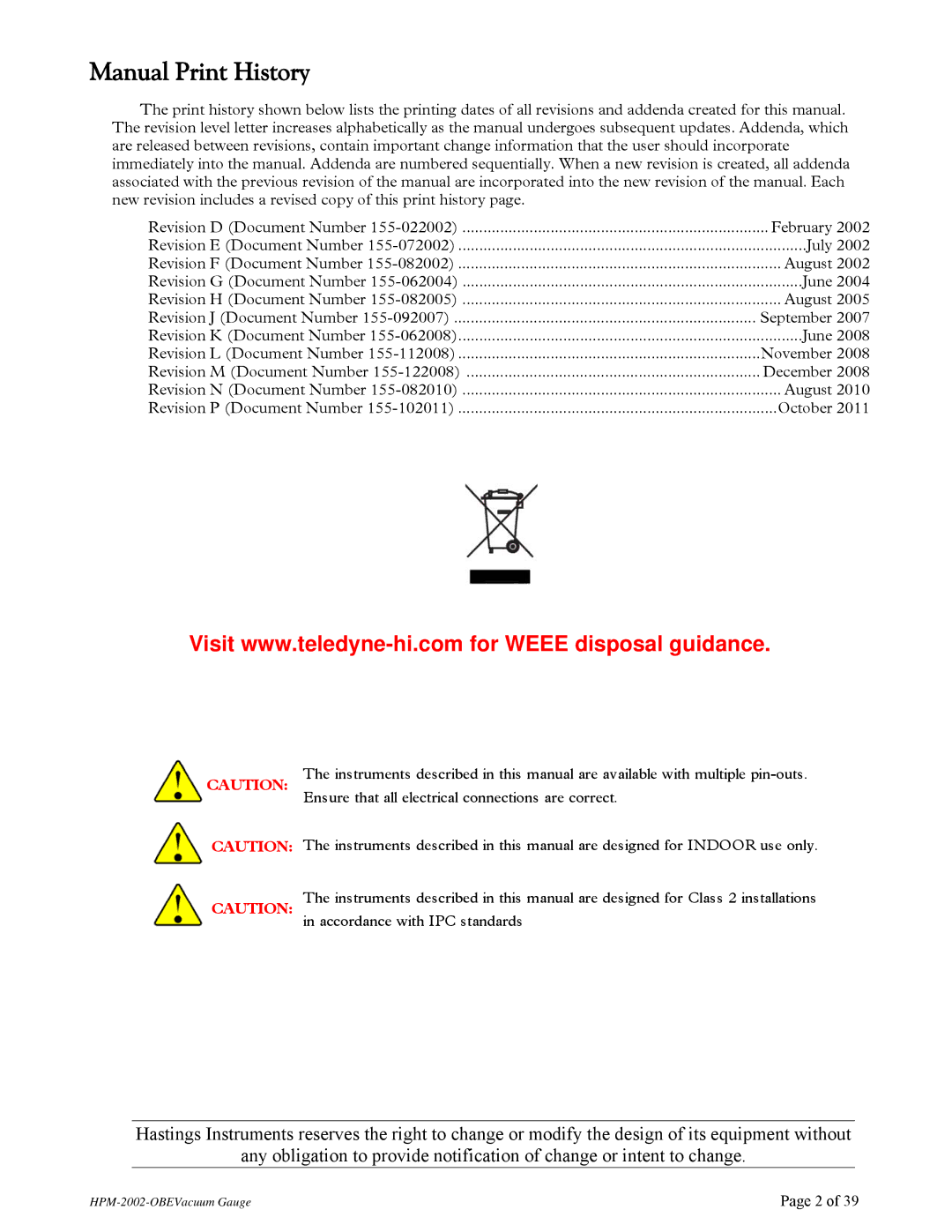 Teledyne HPM-2002-OBE instruction manual Manual Print History 