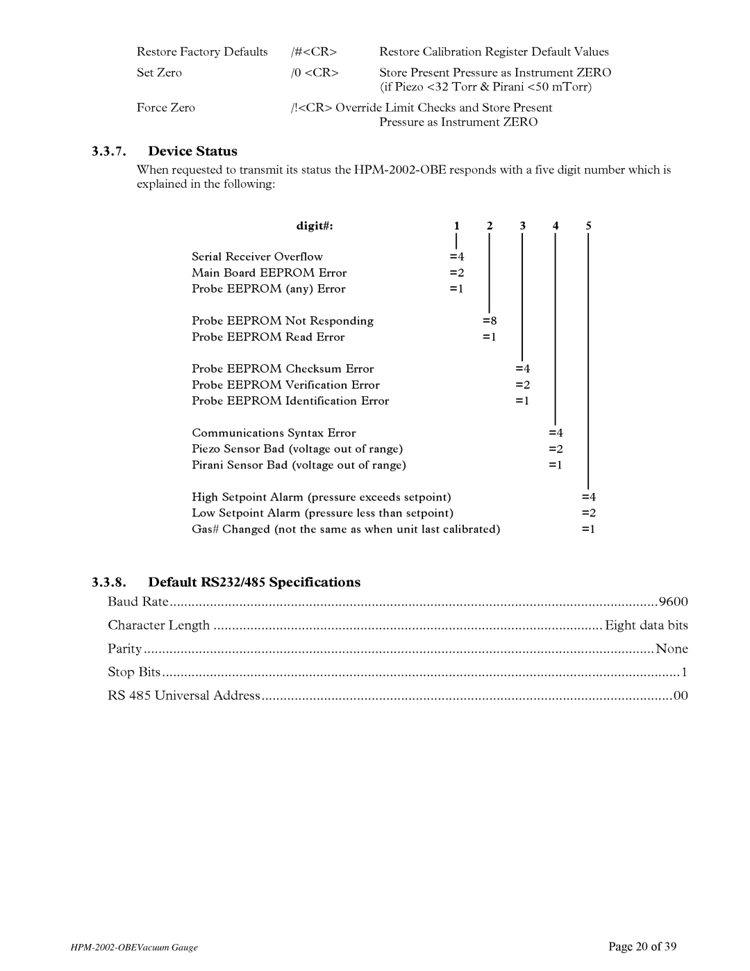 Teledyne HPM-2002-OBE instruction manual Device Status, Default RS232/485 Specifications 