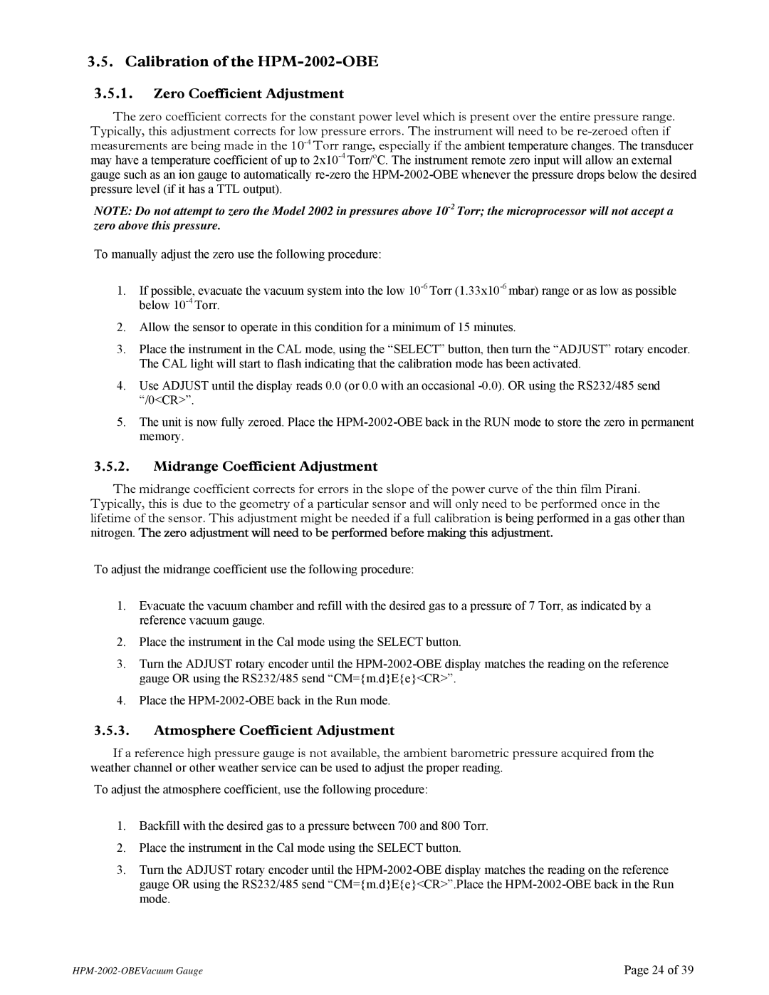 Teledyne Calibration of the HPM-2002-OBE, Zero Coefficient Adjustment, Midrange Coefficient Adjustment 