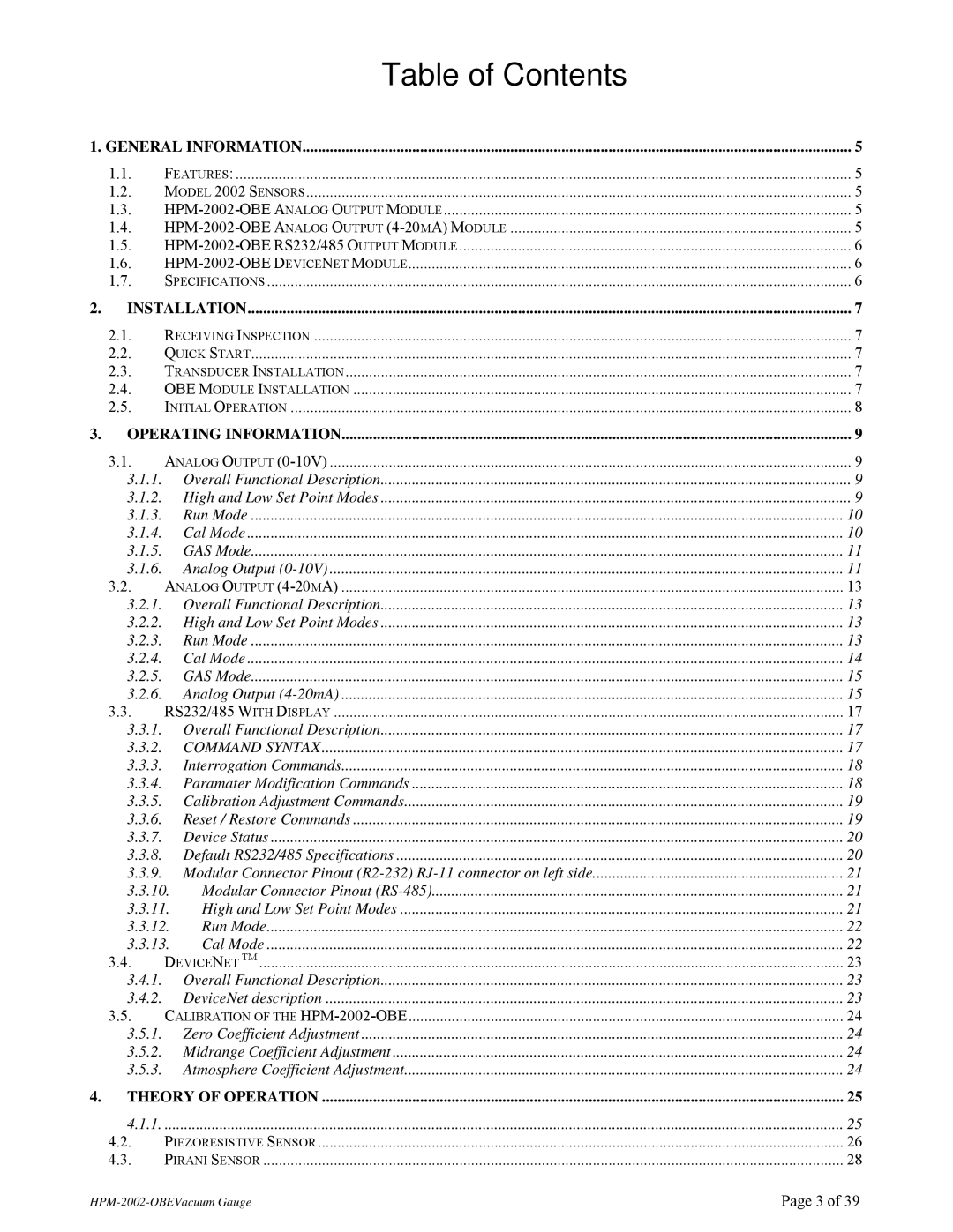 Teledyne HPM-2002-OBE instruction manual Table of Contents 