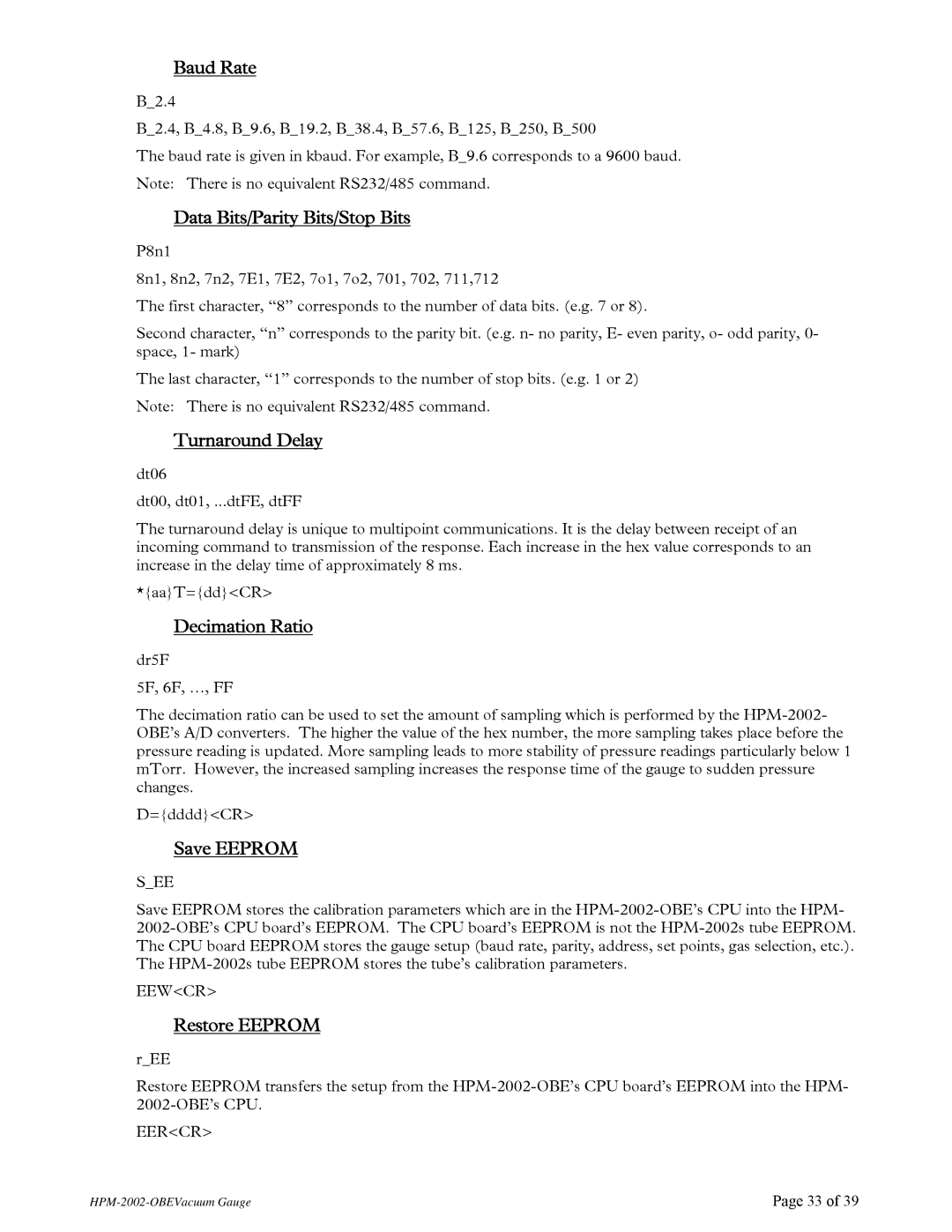 Teledyne HPM-2002-OBE Baud Rate, Data Bits/Parity Bits/Stop Bits, Turnaround Delay, Decimation Ratio, Save Eeprom 